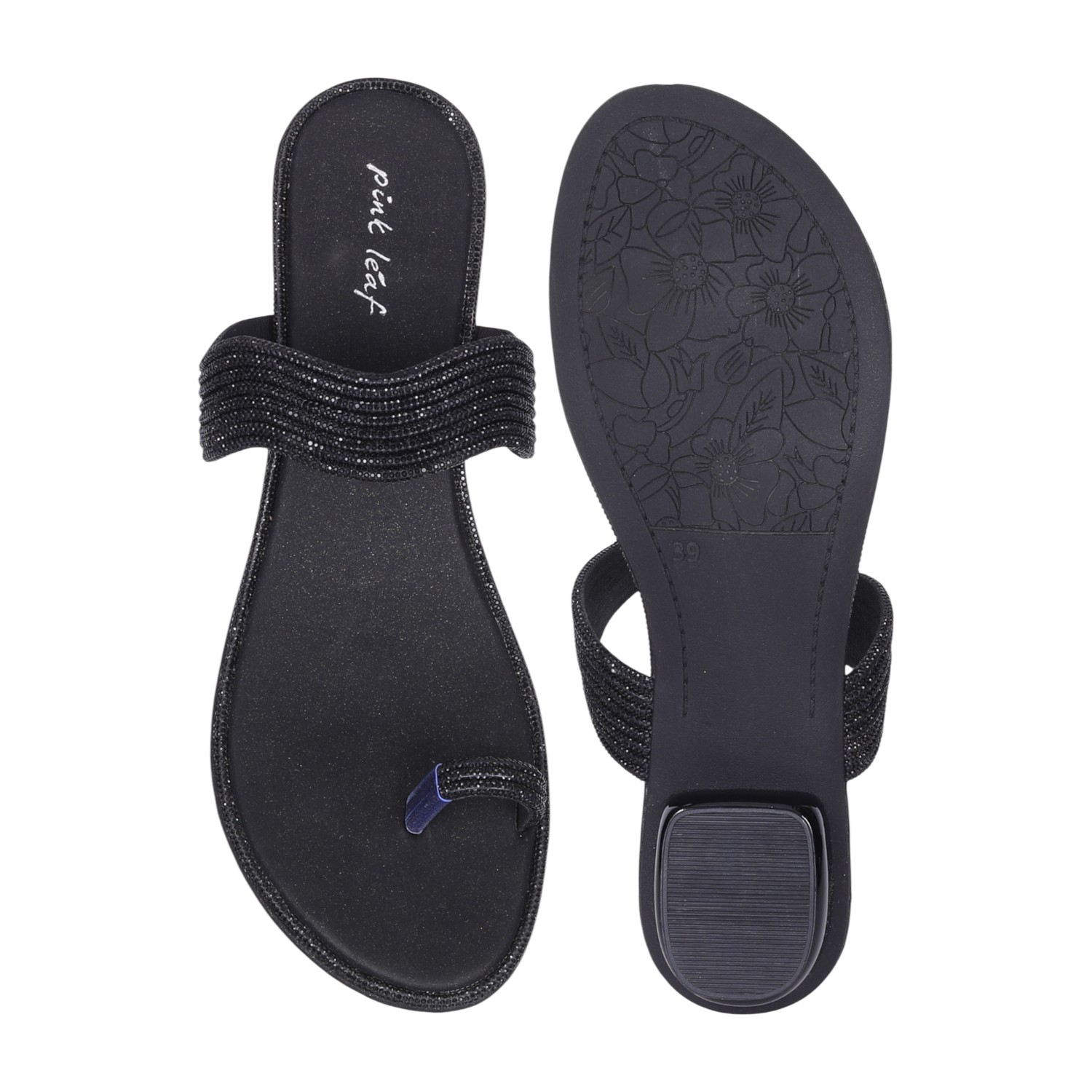 Women's Black Glitter Strap Toe-Ring Low Heel Sandals