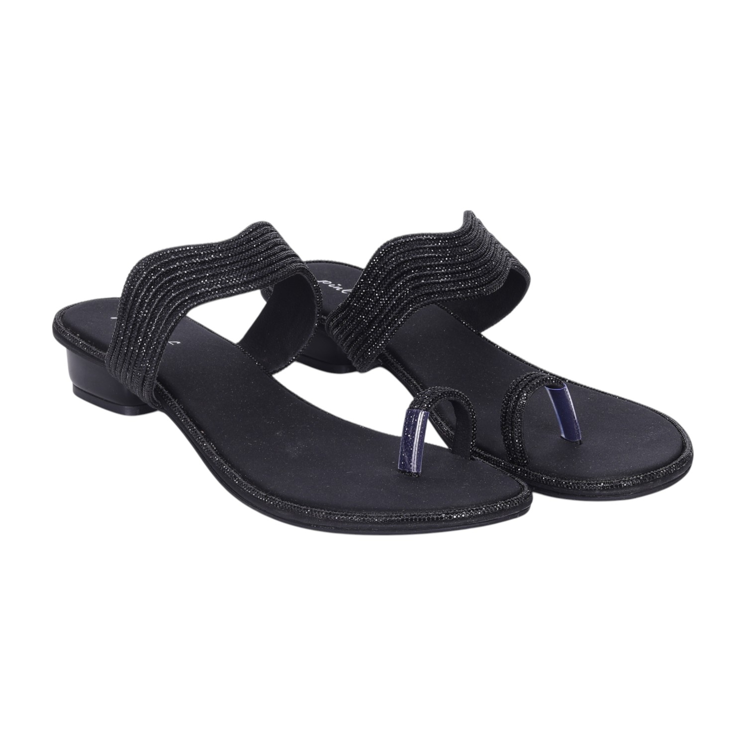Women's Black Glitter Strap Toe-Ring Low Heel Sandals