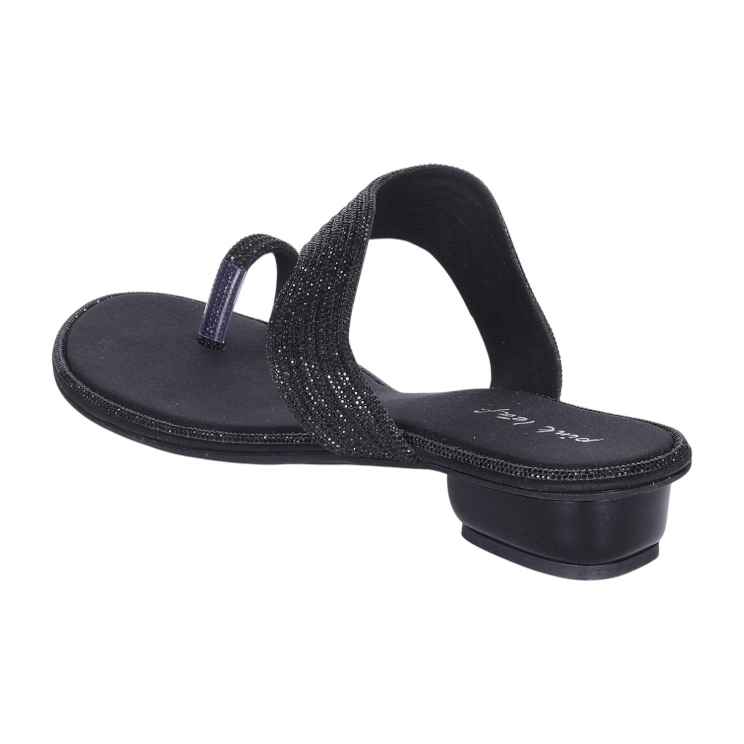Women's Black Glitter Strap Toe-Ring Low Heel Sandals