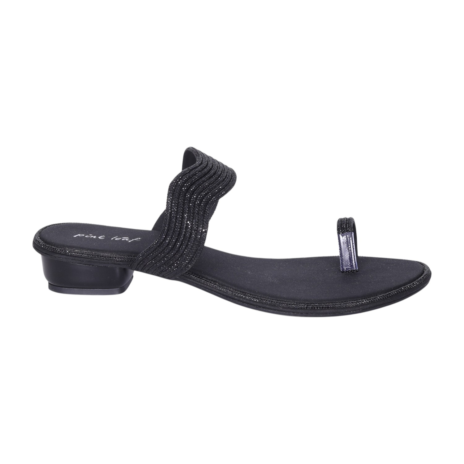 Women's Black Glitter Strap Toe-Ring Low Heel Sandals