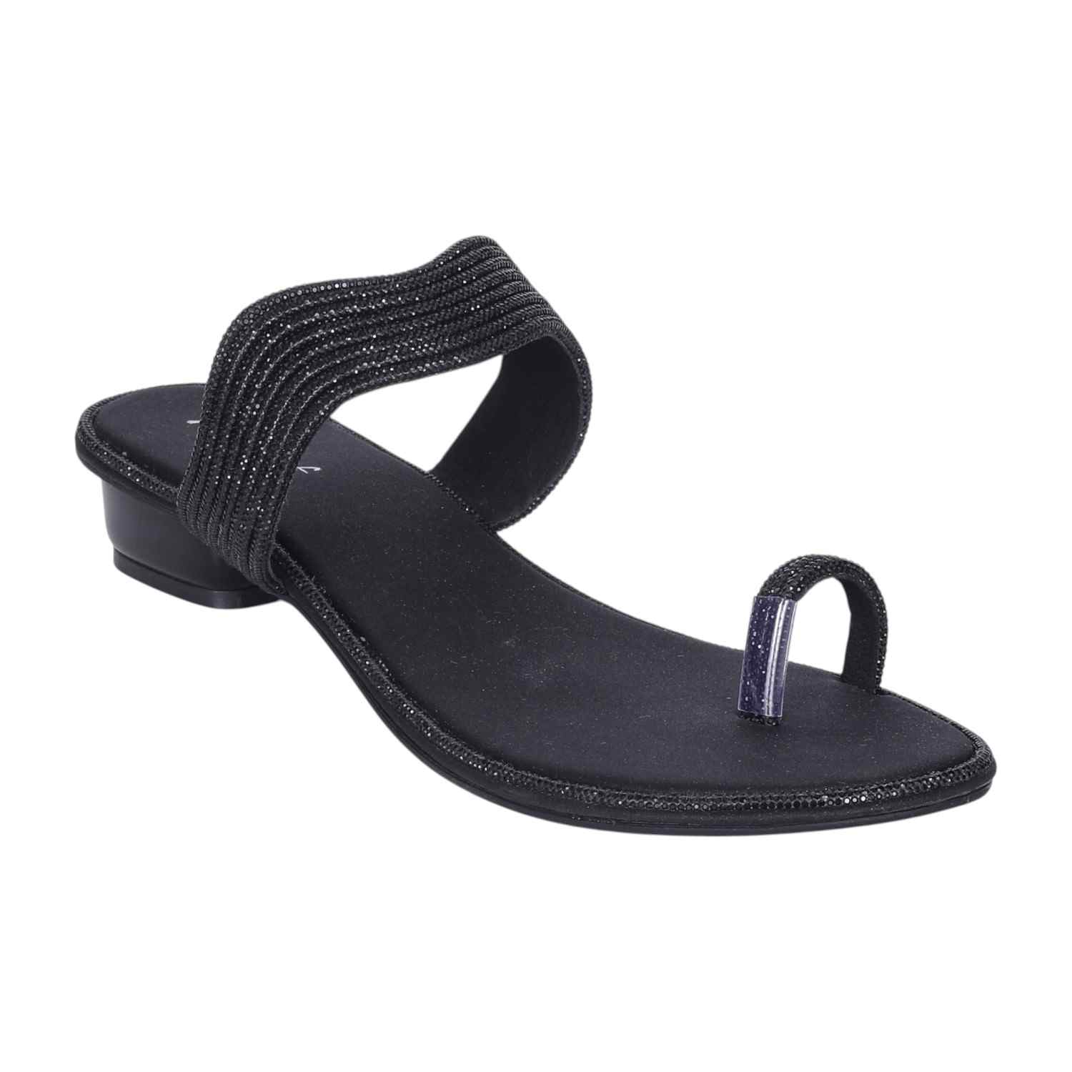 Women's Black Glitter Strap Toe-Ring Low Heel Sandals