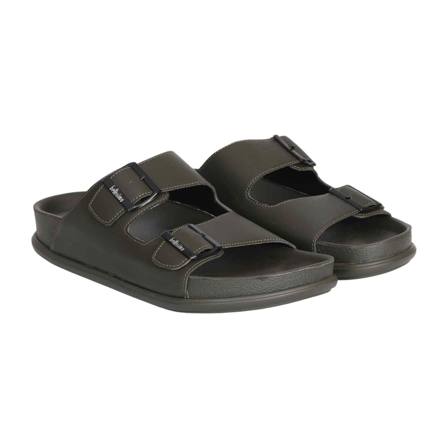 Men Olive Green Double Buckle Slide Sandals