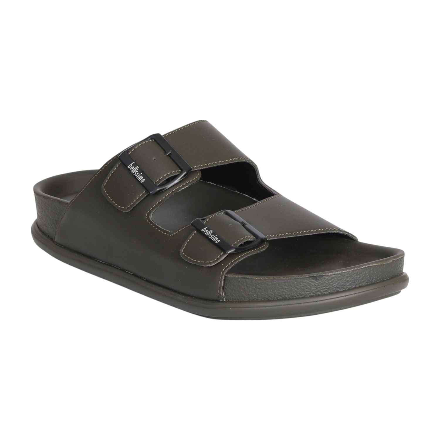 Men Olive Green Double Buckle Slide Sandals