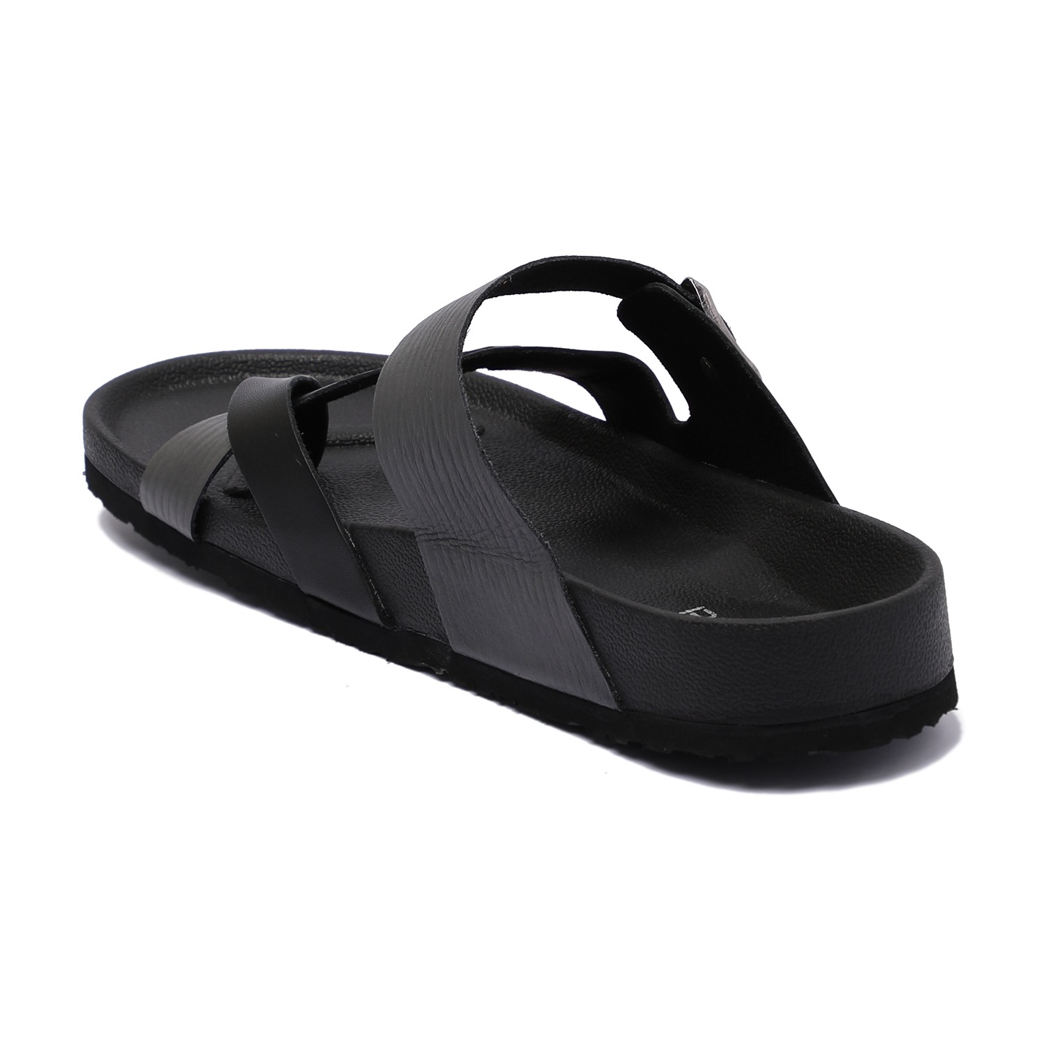 Men Black Slip-On Chappal with Buckle Detail and Cross-Strap Design