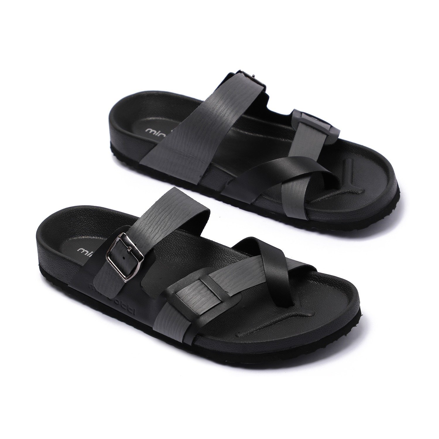 Men Black Slip-On Chappal with Buckle Detail and Cross-Strap Design