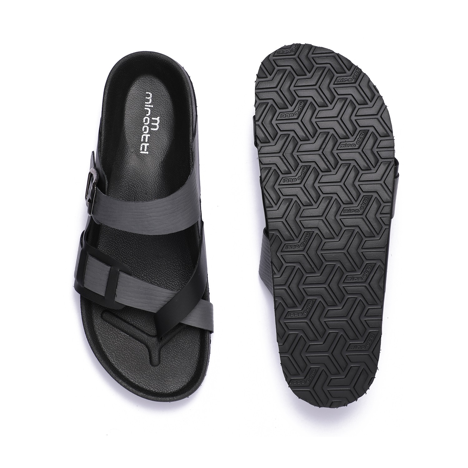 Men Black Slip-On Chappal with Buckle Detail and Cross-Strap Design