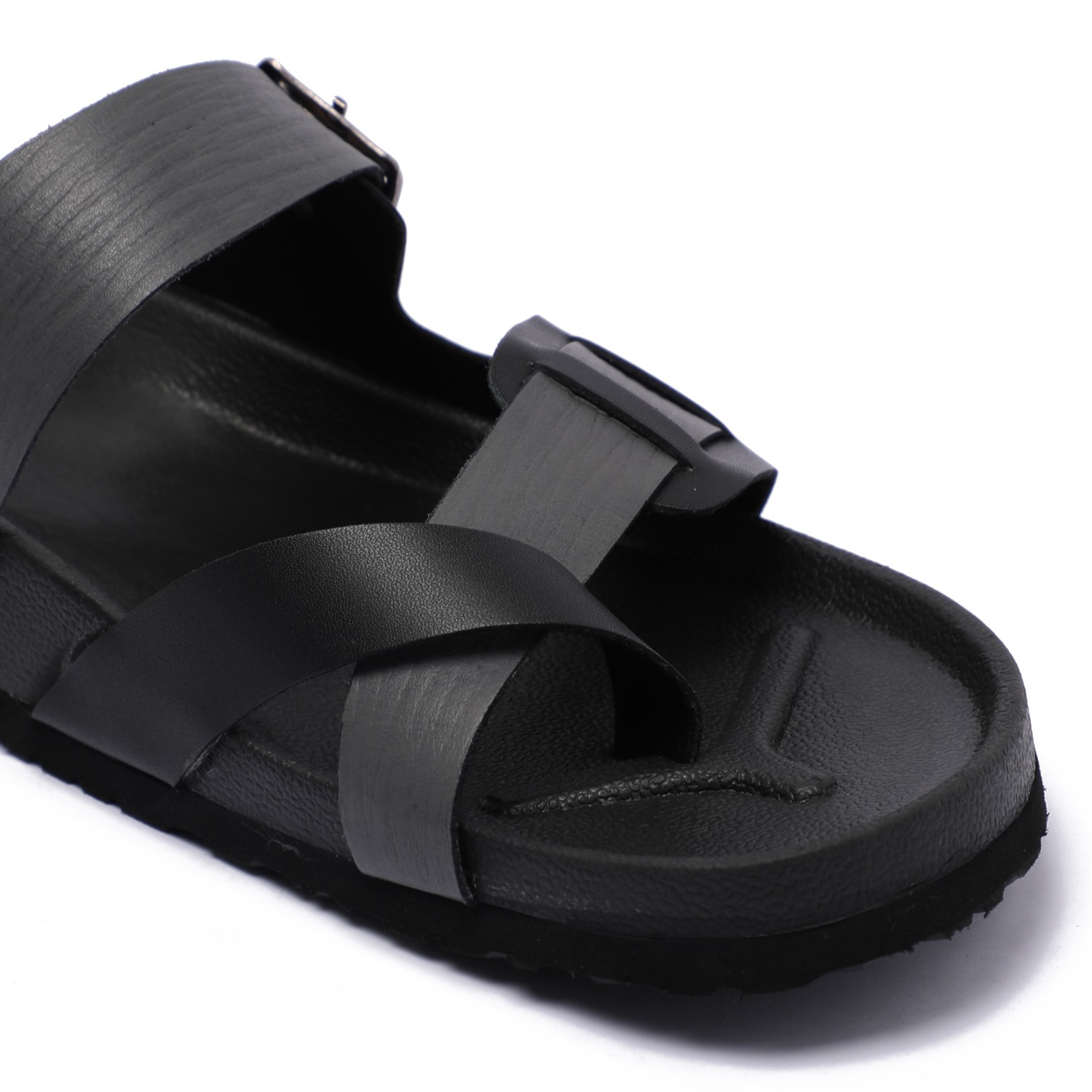 Men Black Slip-On Chappal with Buckle Detail and Cross-Strap Design
