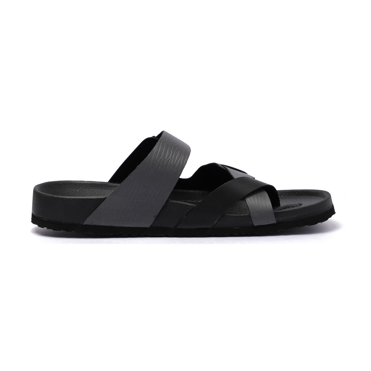 Men Black Slip-On Chappal with Buckle Detail and Cross-Strap Design