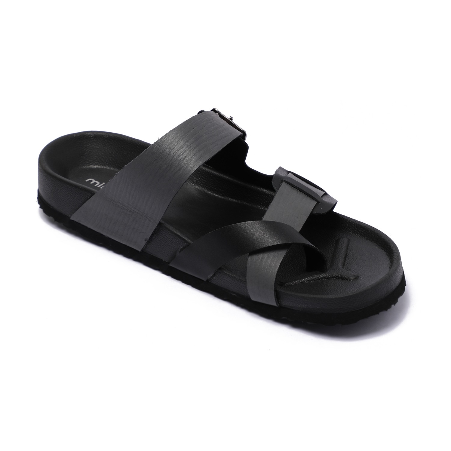 Men Black Slip-On Chappal with Buckle Detail and Cross-Strap Design