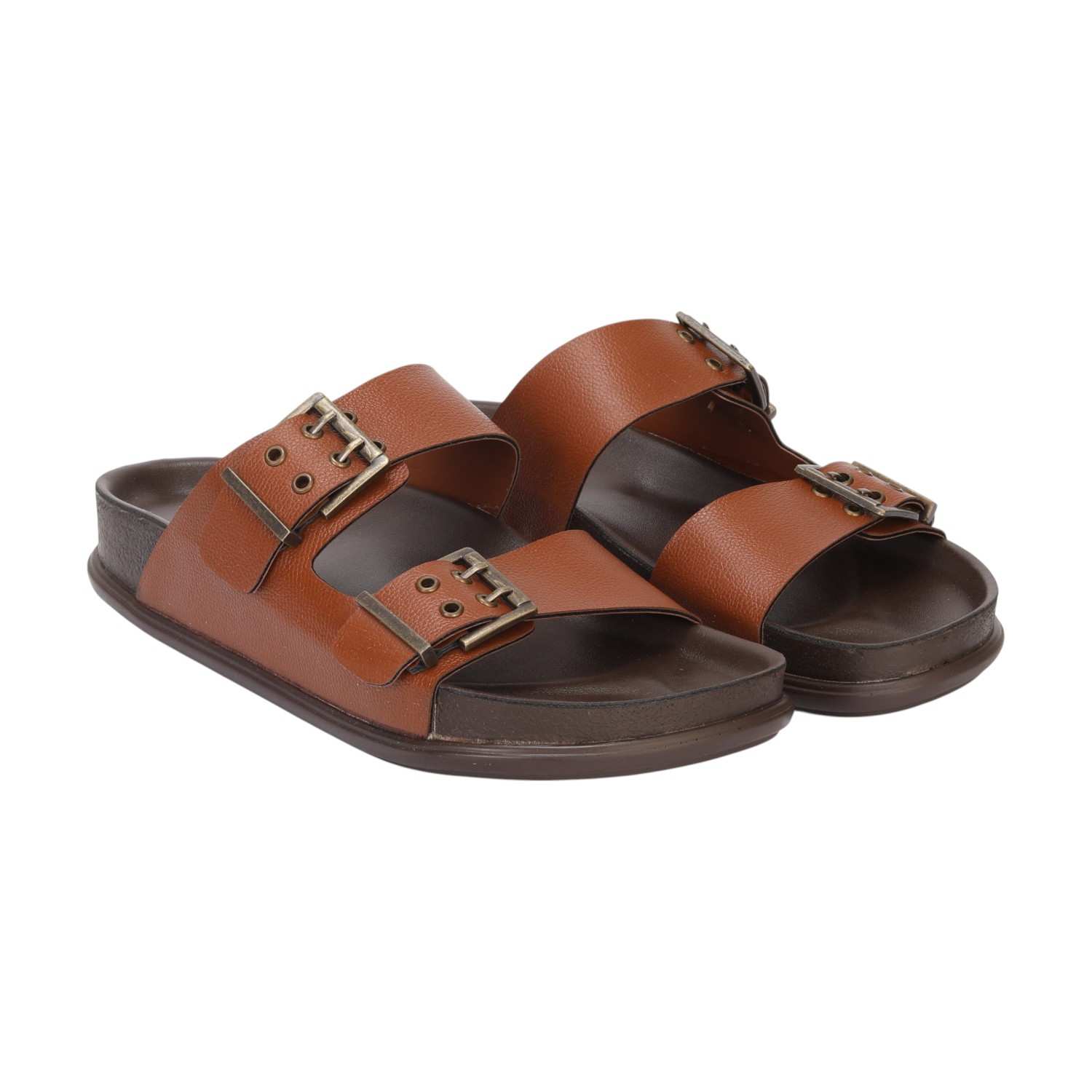 Men  Tan Double Strap With Buckle Comfort Chappal