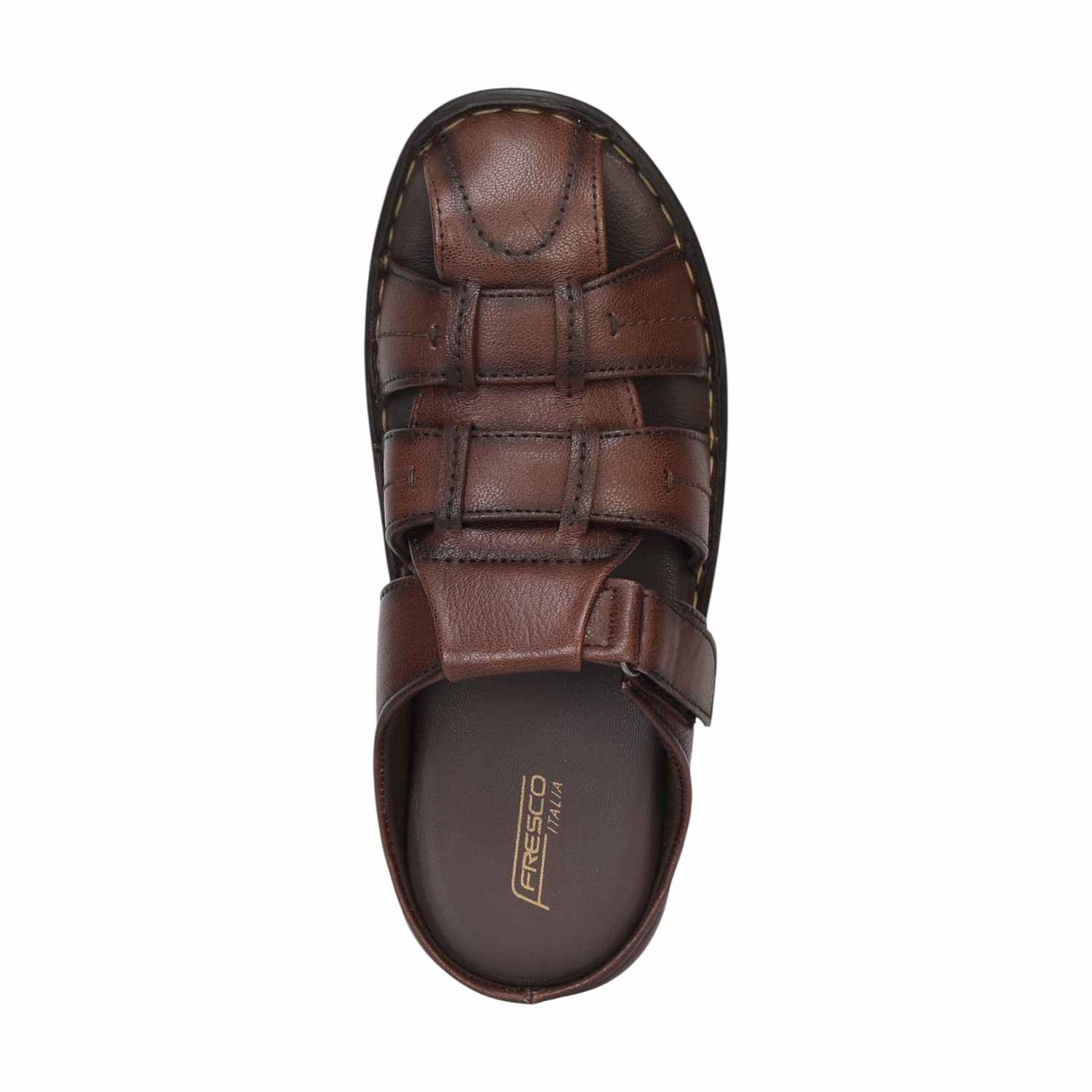 Men Brown Open-Toe Leather Sandals With Velcro Strap
