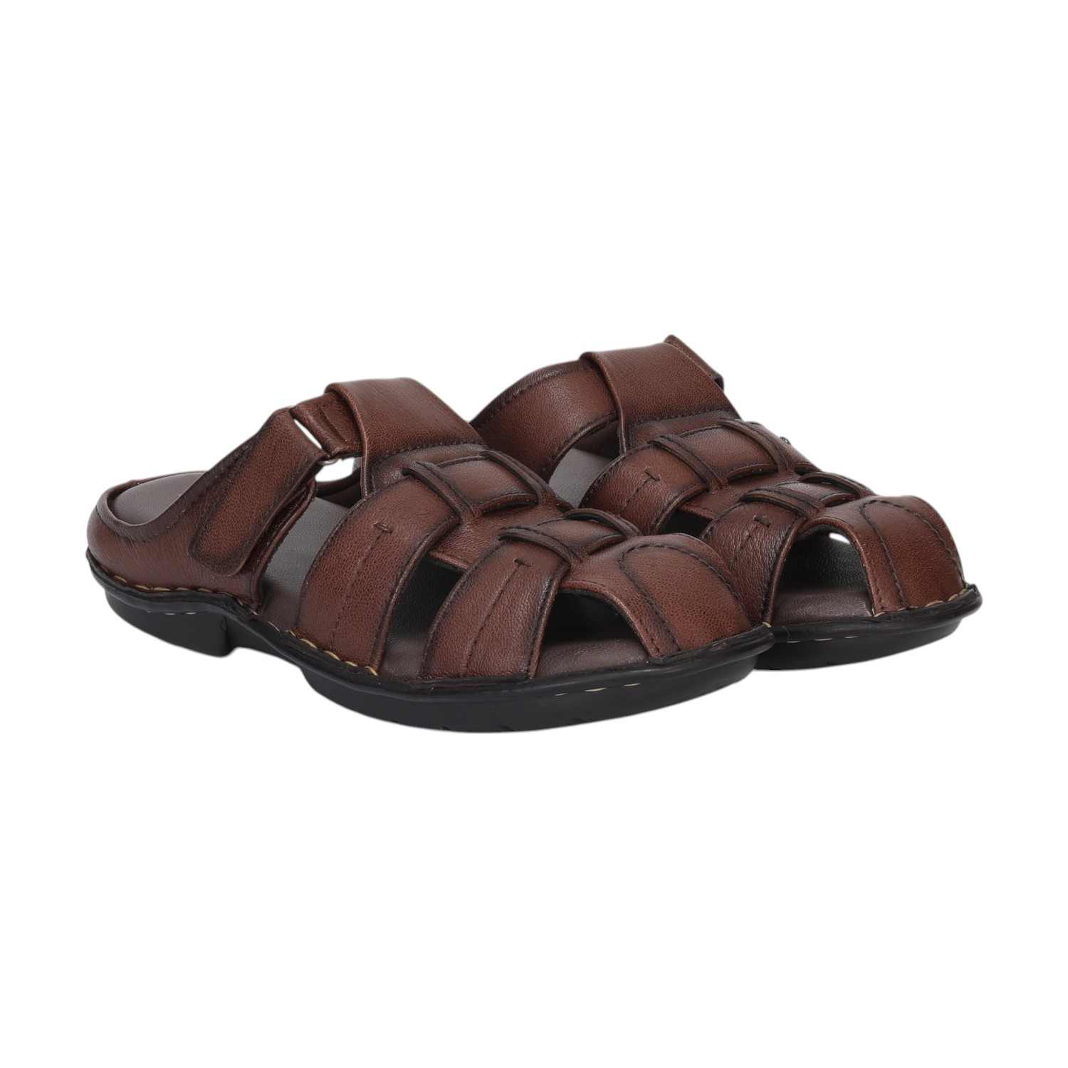 Men Brown Open-Toe Leather Sandals With Velcro Strap