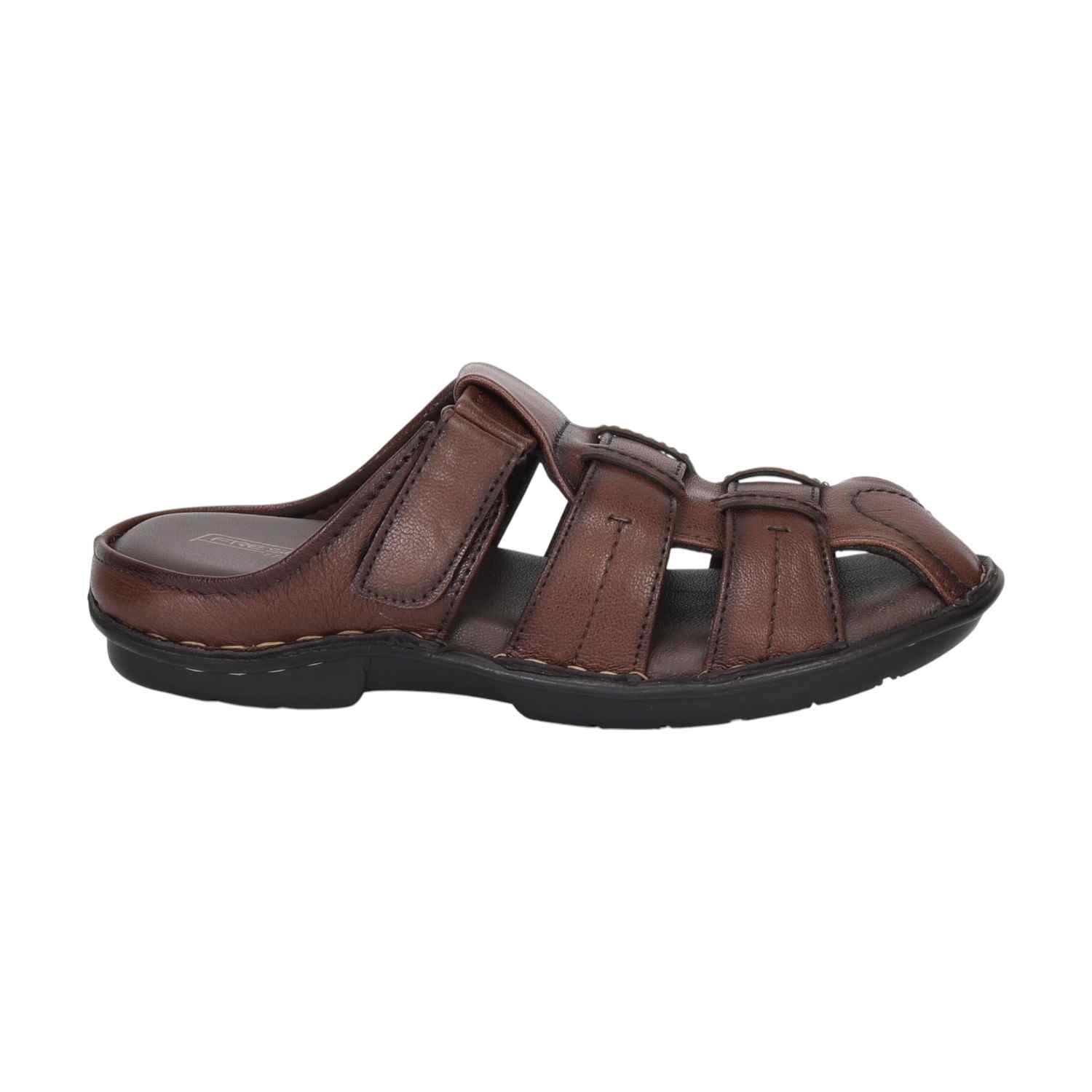 Men Brown Open-Toe Leather Sandals With Velcro Strap