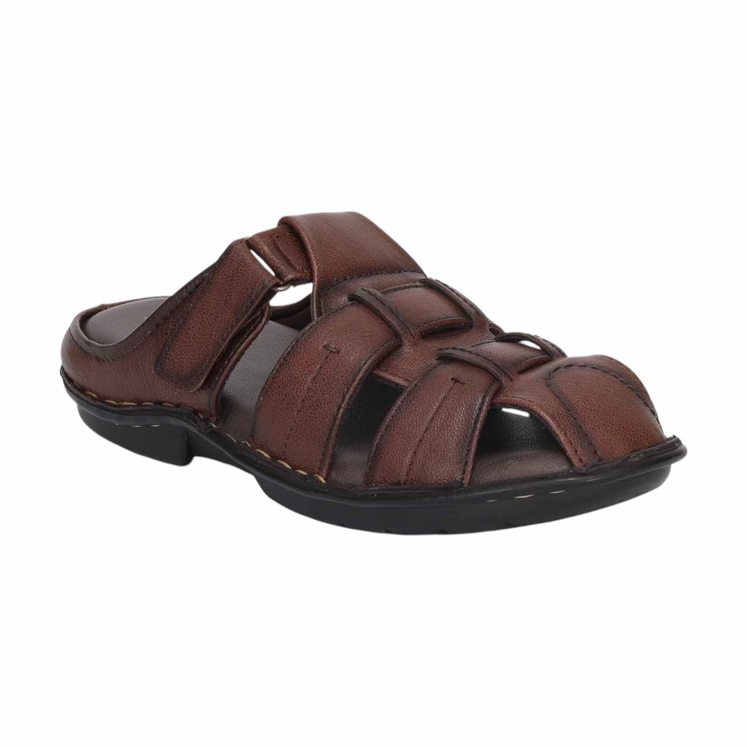 Men Brown Open-Toe Leather Sandals With Velcro Strap
