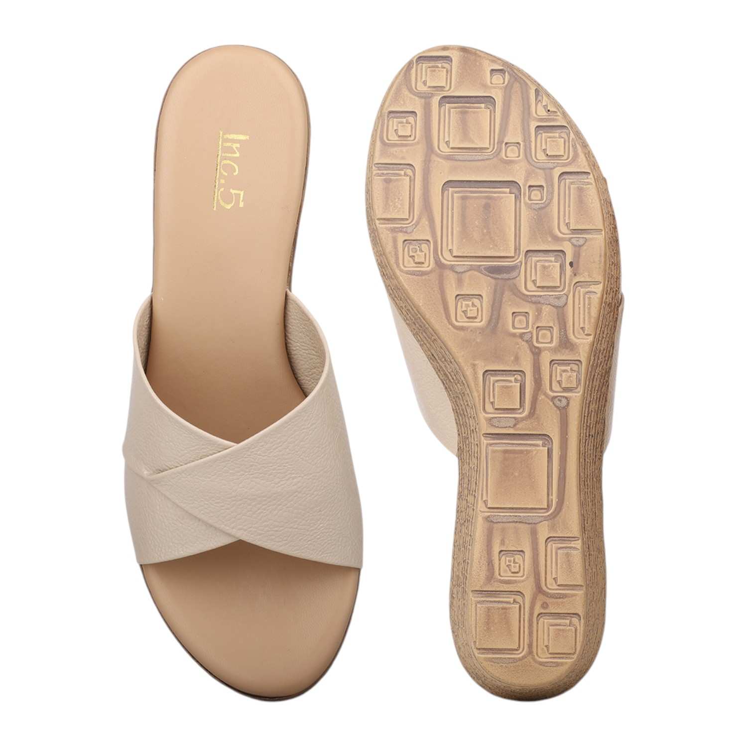 Women Beige Criss-Cross Strap Platform Wedge Sandals