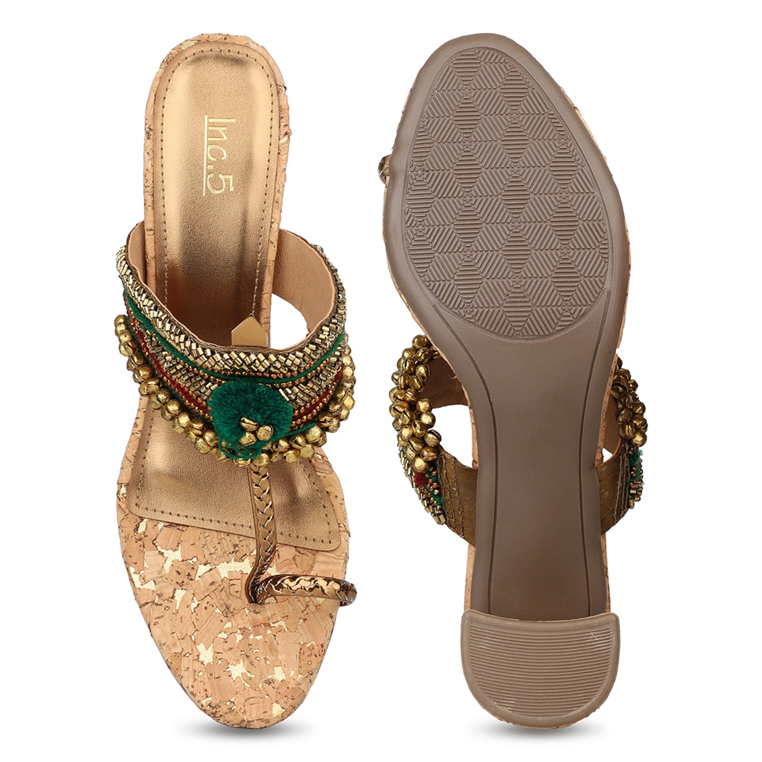 Inc.5 Womens Green Embellished Open Toe Ethnic Block Heels