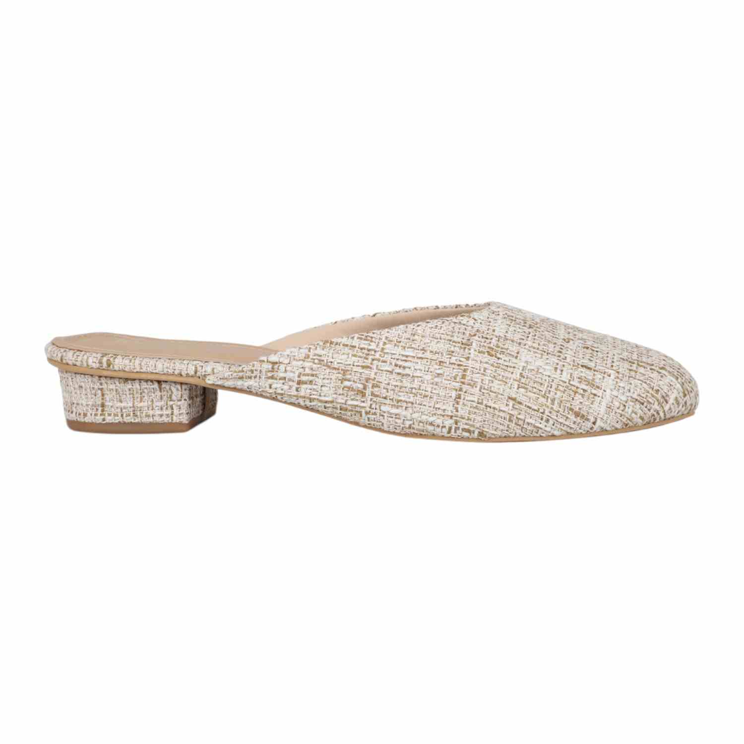 Women Beige Tweed Pattern Square Toe Mules