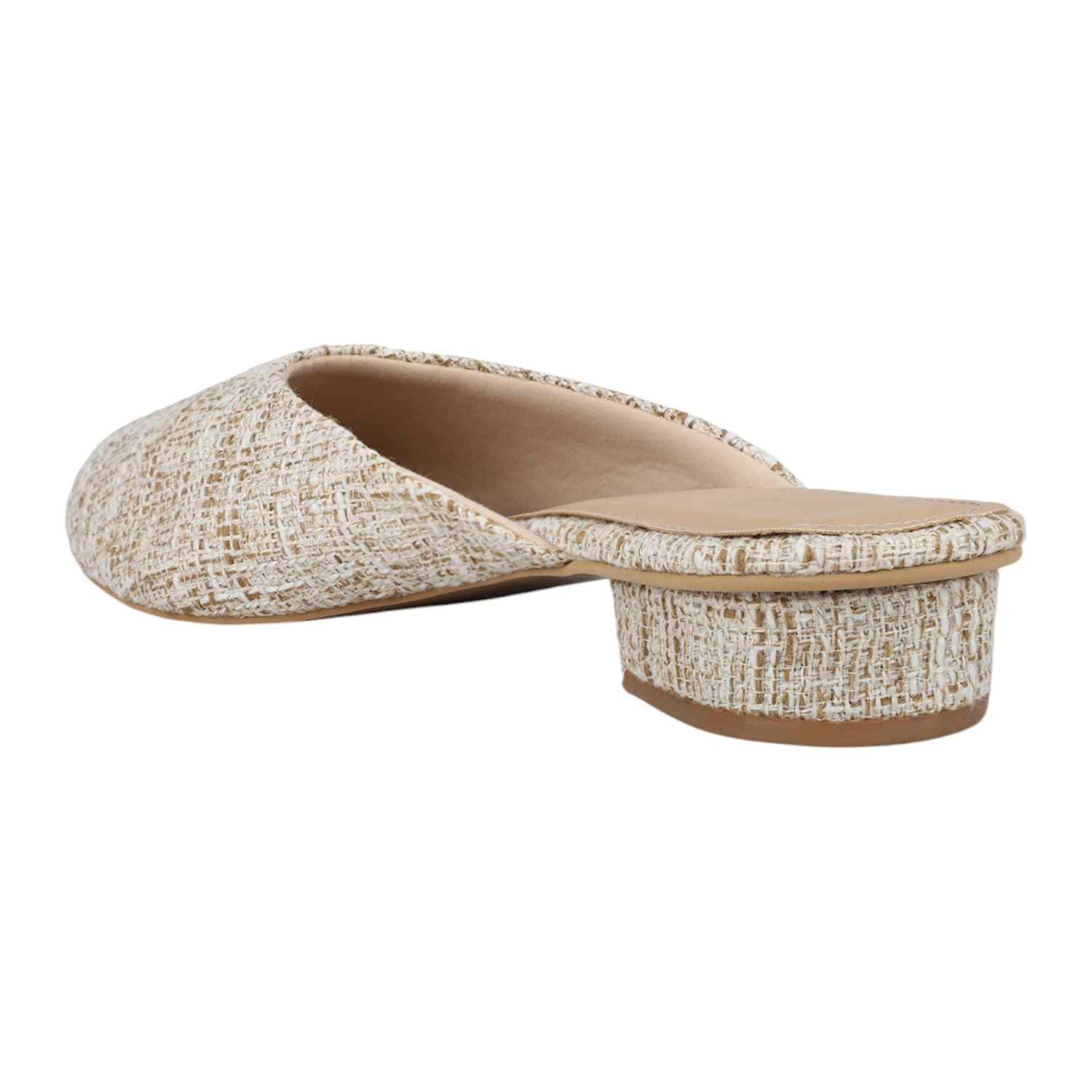 Women Beige Tweed Pattern Square Toe Mules