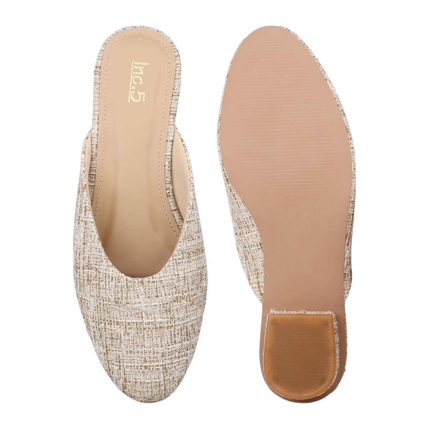 Women Beige Tweed Pattern Square Toe Mules