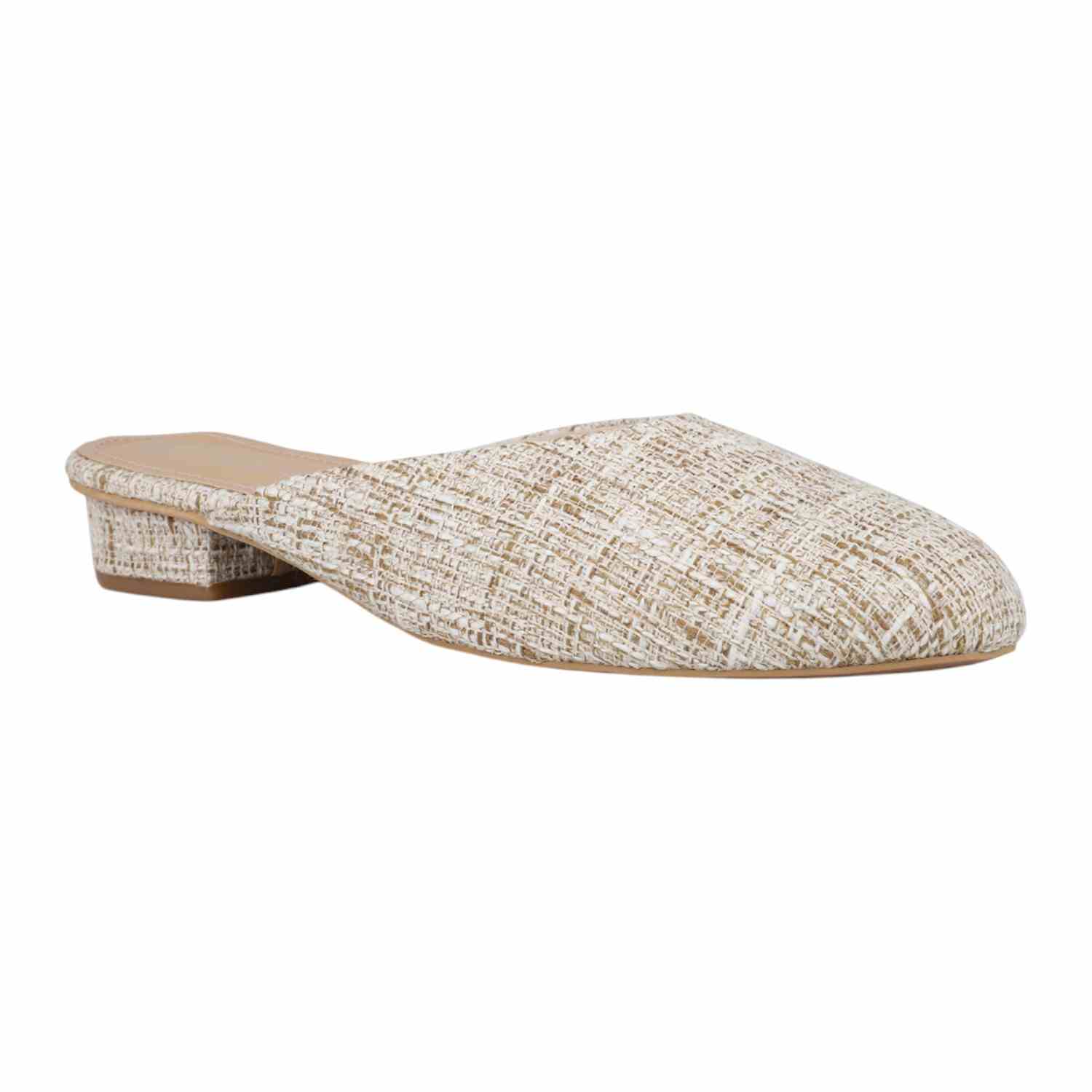 Women Beige Tweed Pattern Square Toe Mules