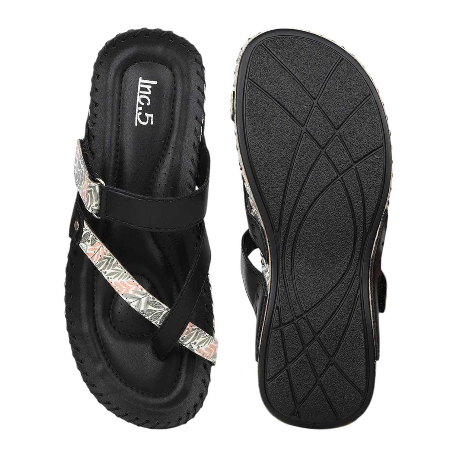 Women Black Printed Strap Toe-Ring Flat Sandals