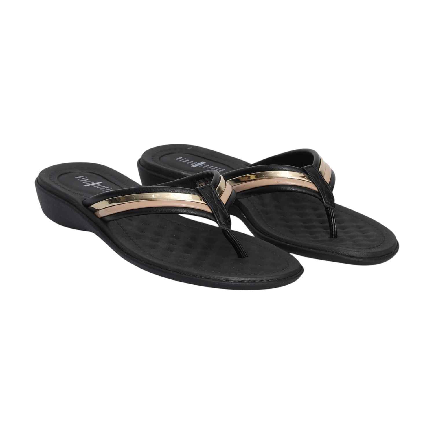 Women Black and Gold Striped Open Toe Thongs