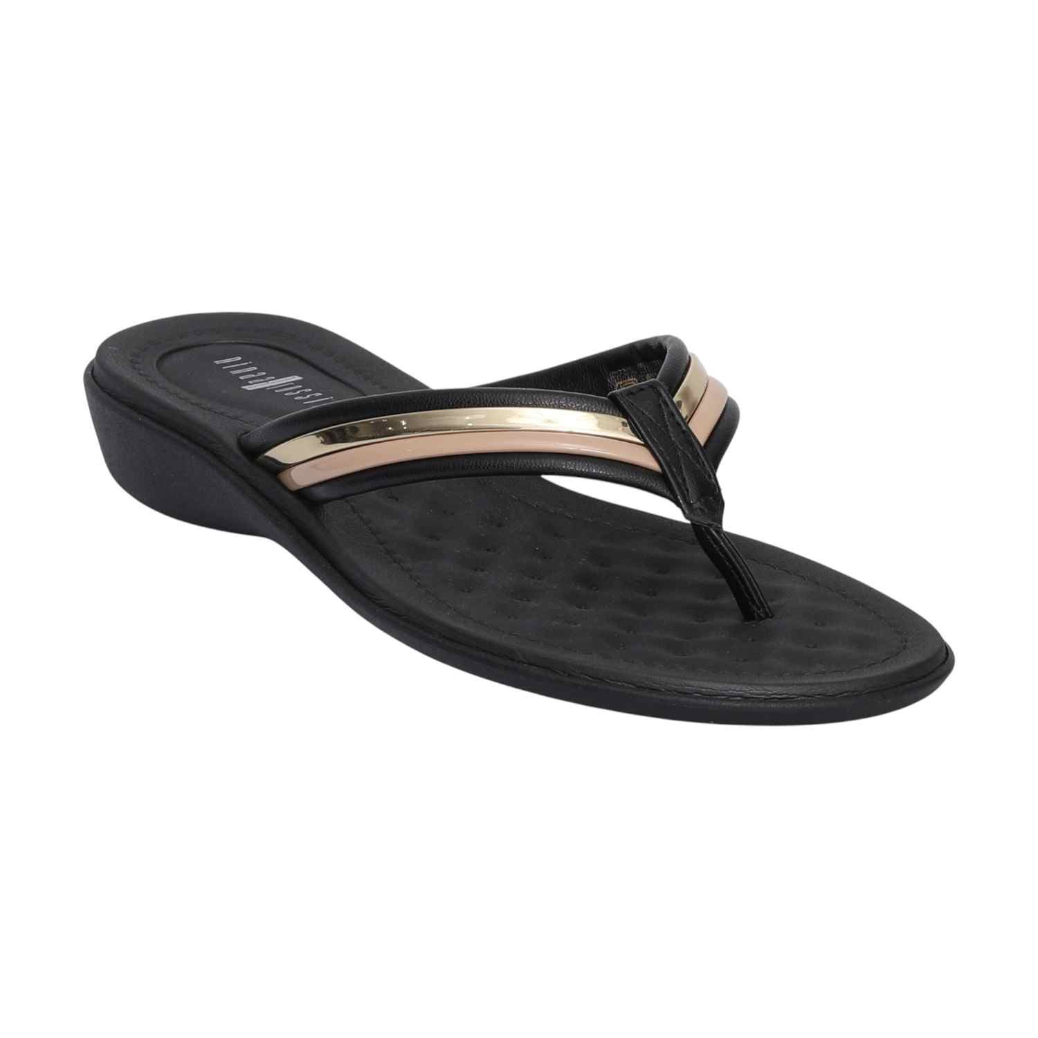 Women Black and Gold Striped Open Toe Thongs