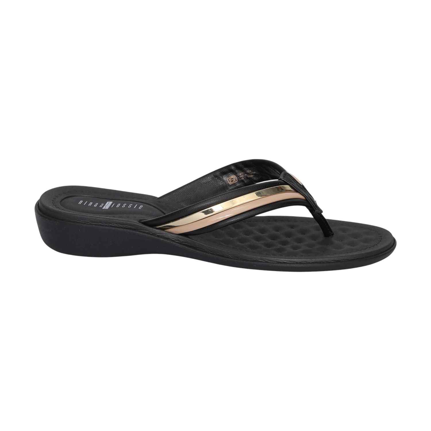 Women Black and Gold Striped Open Toe Thongs