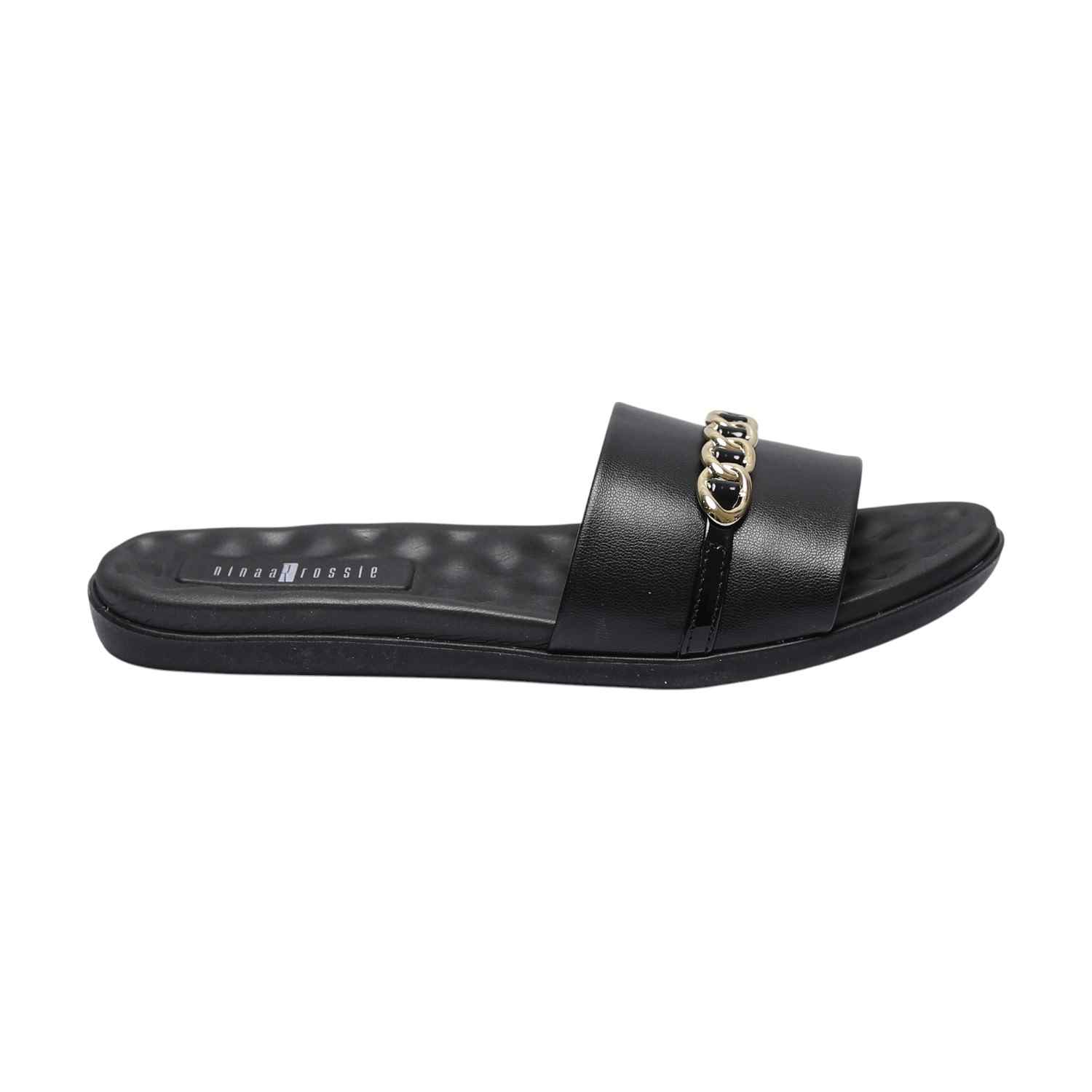 Women Black Slides with Chain Accent