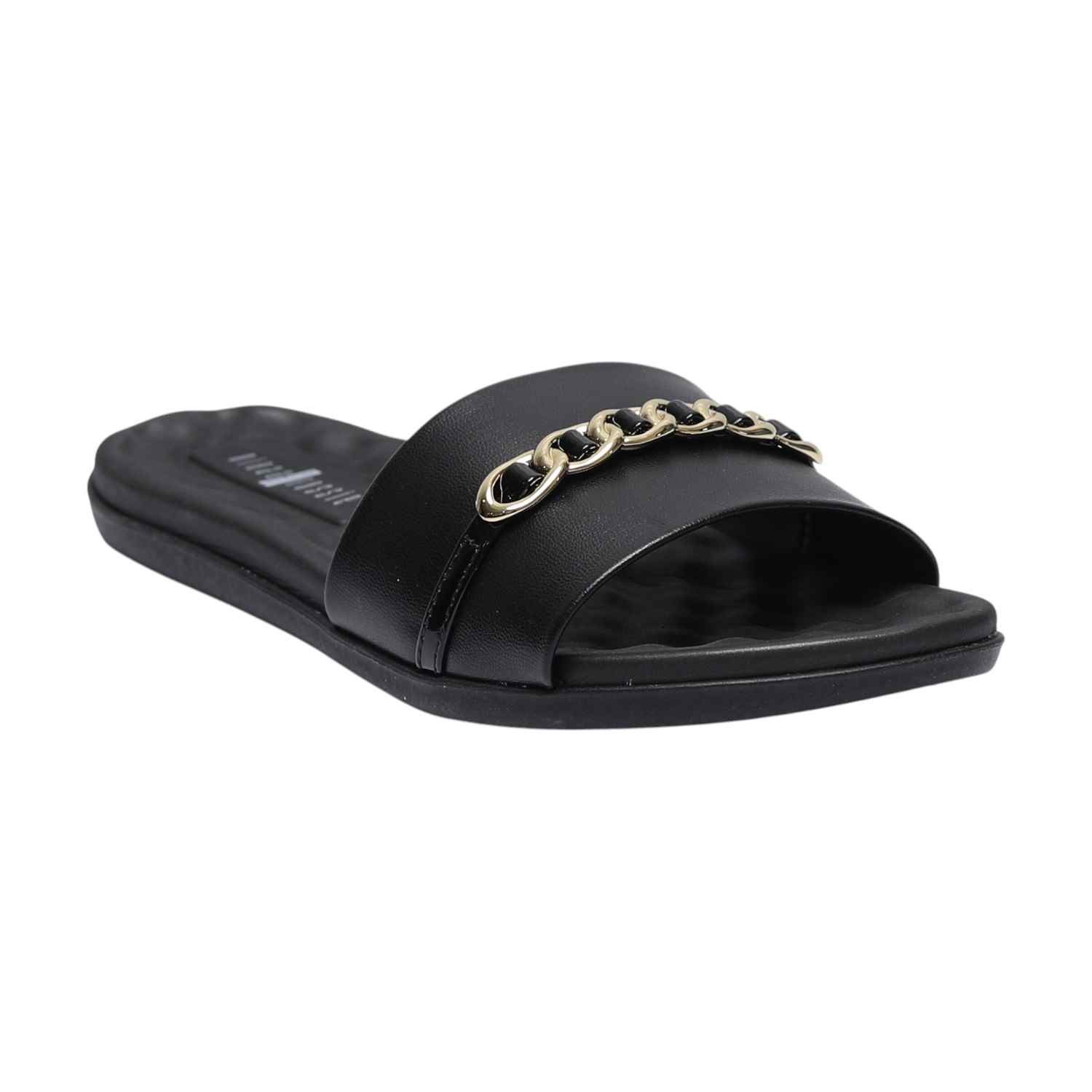 Women Black Slides with Chain Accent