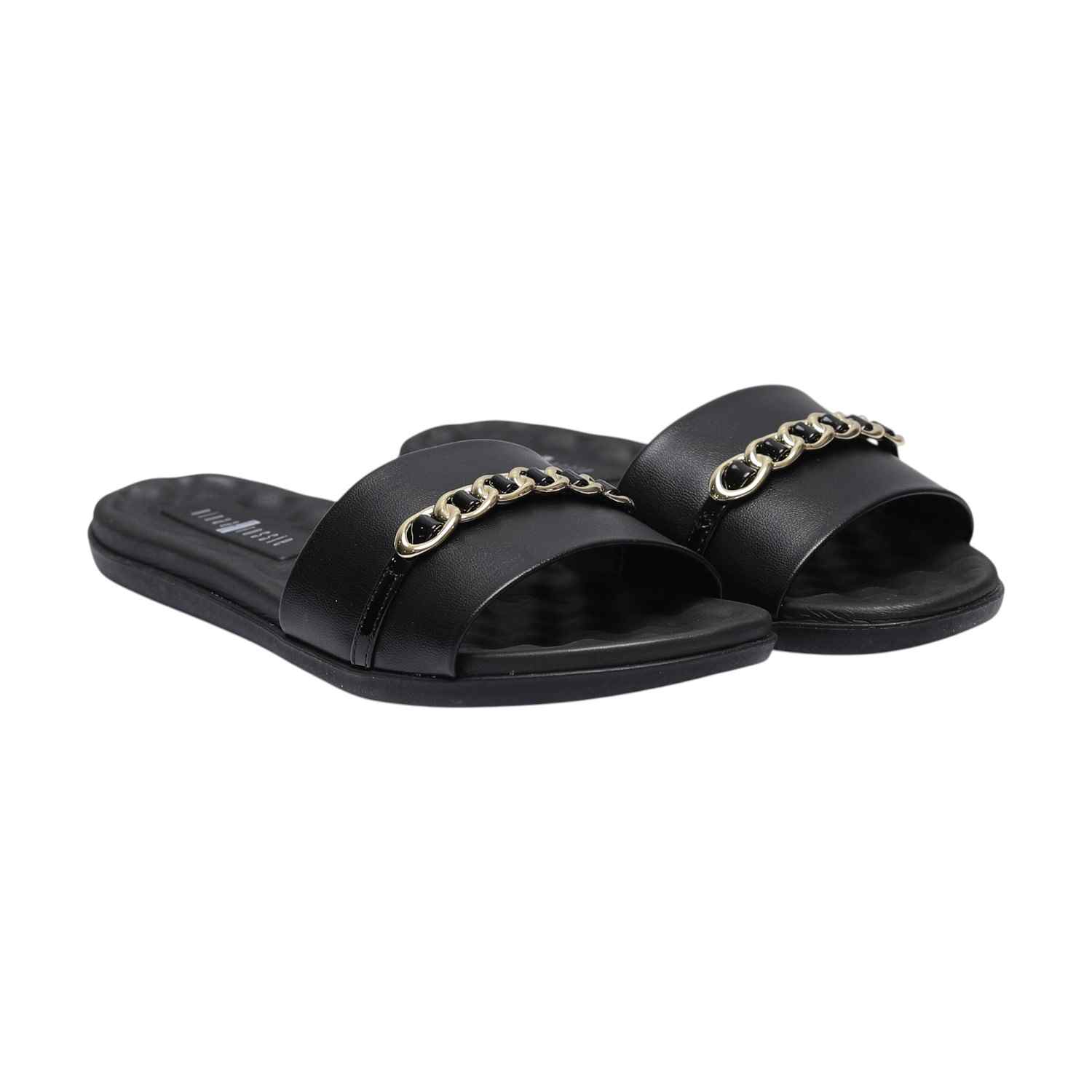 Women Black Slides with Chain Accent