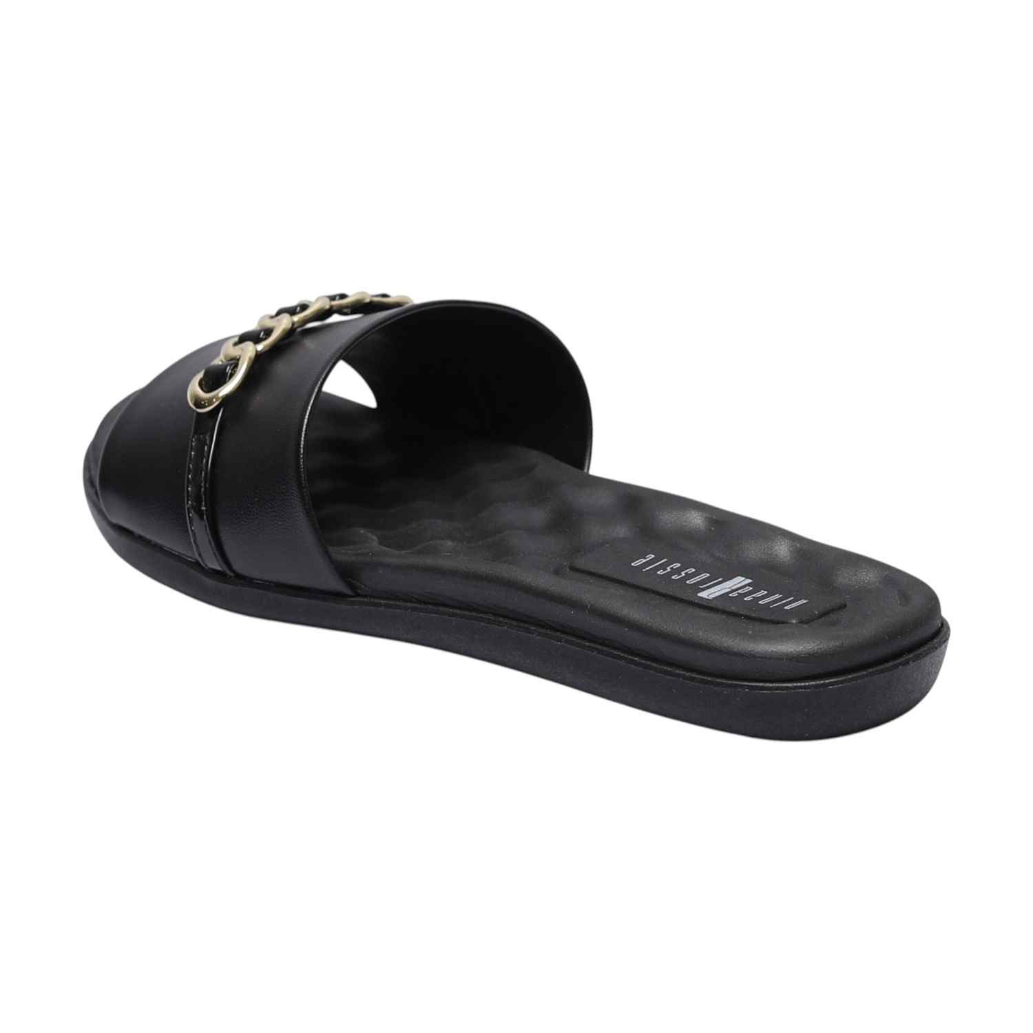 Women Black Slides with Chain Accent