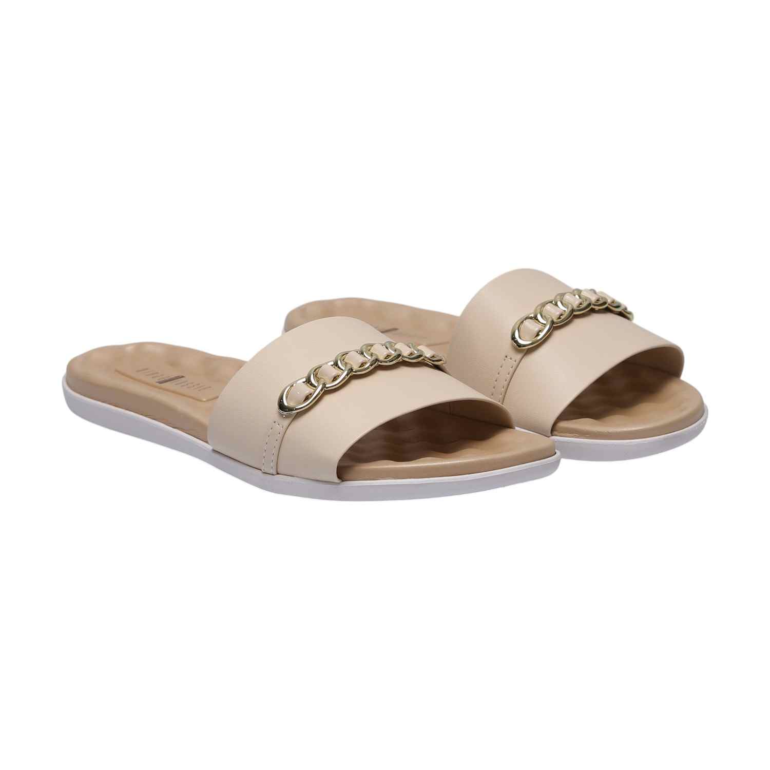 Women Beige Slides with Chain Accent