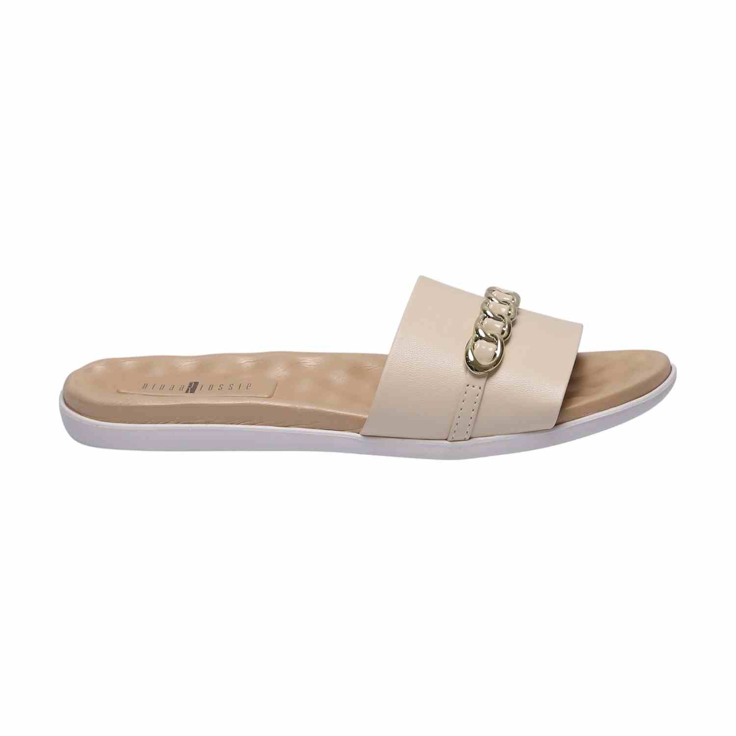 Women Beige Slides with Chain Accent