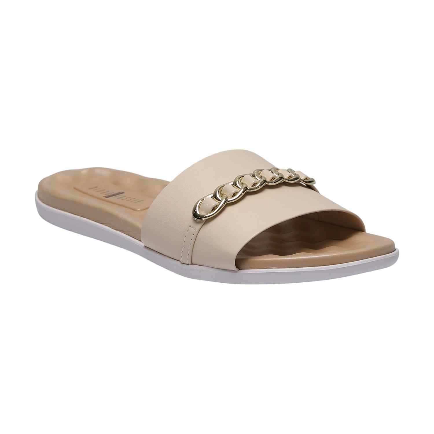 Women Beige Slides with Chain Accent