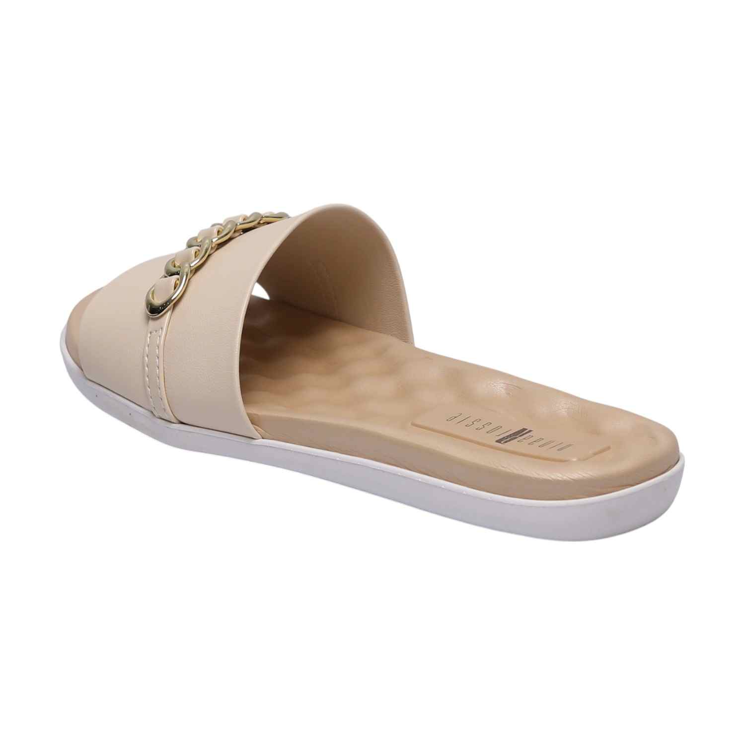 Women Beige Slides with Chain Accent