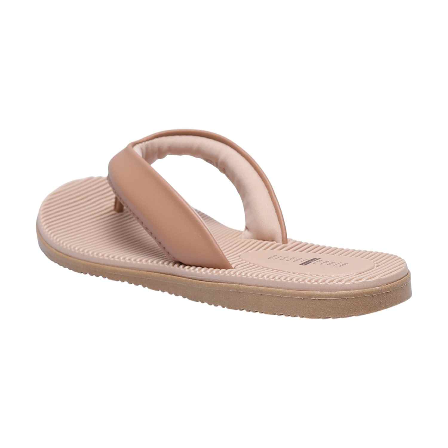 Women Nude Casual Thong Flats with Horizontal Stripes