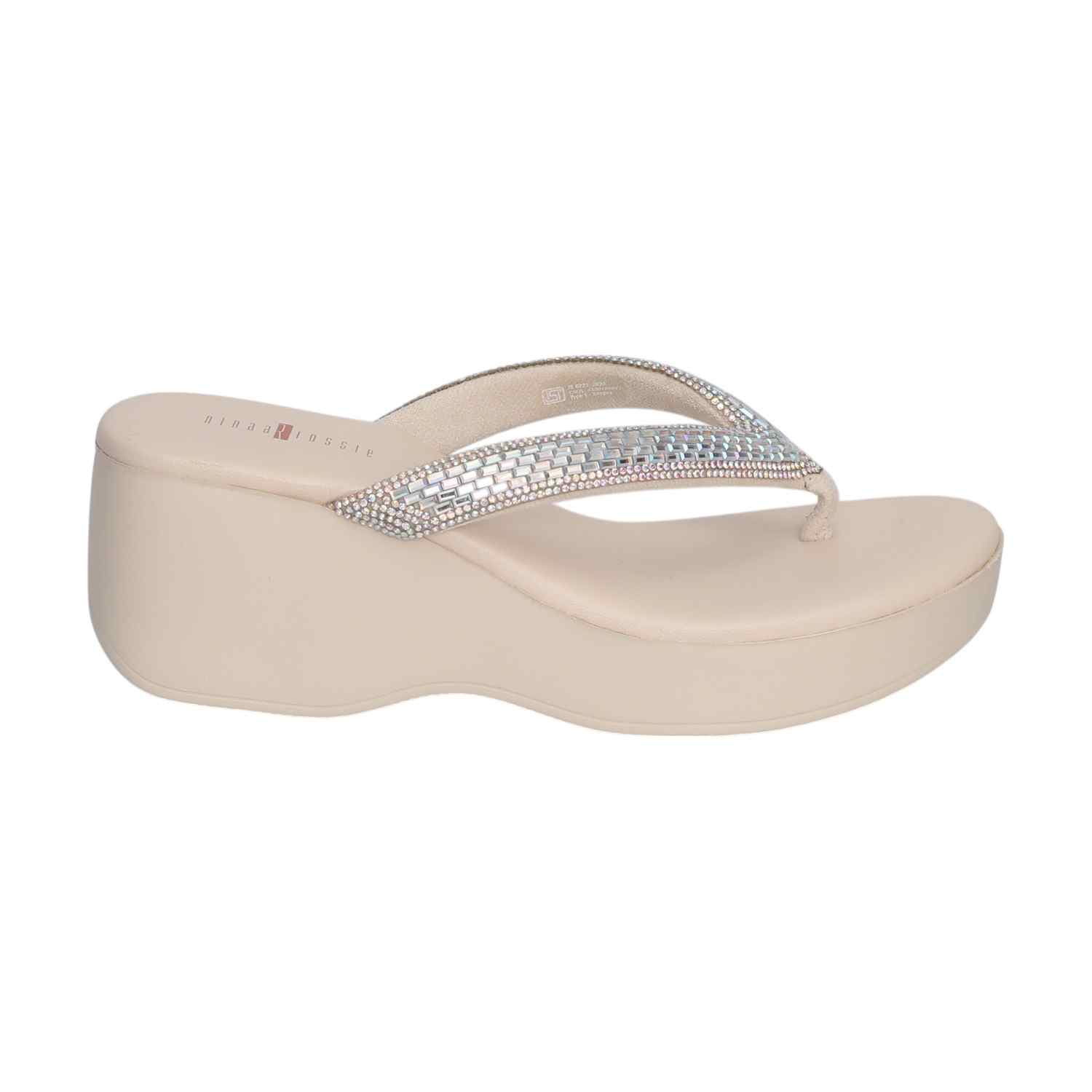 Cream Dazzling Platform Thong Wedges for Women