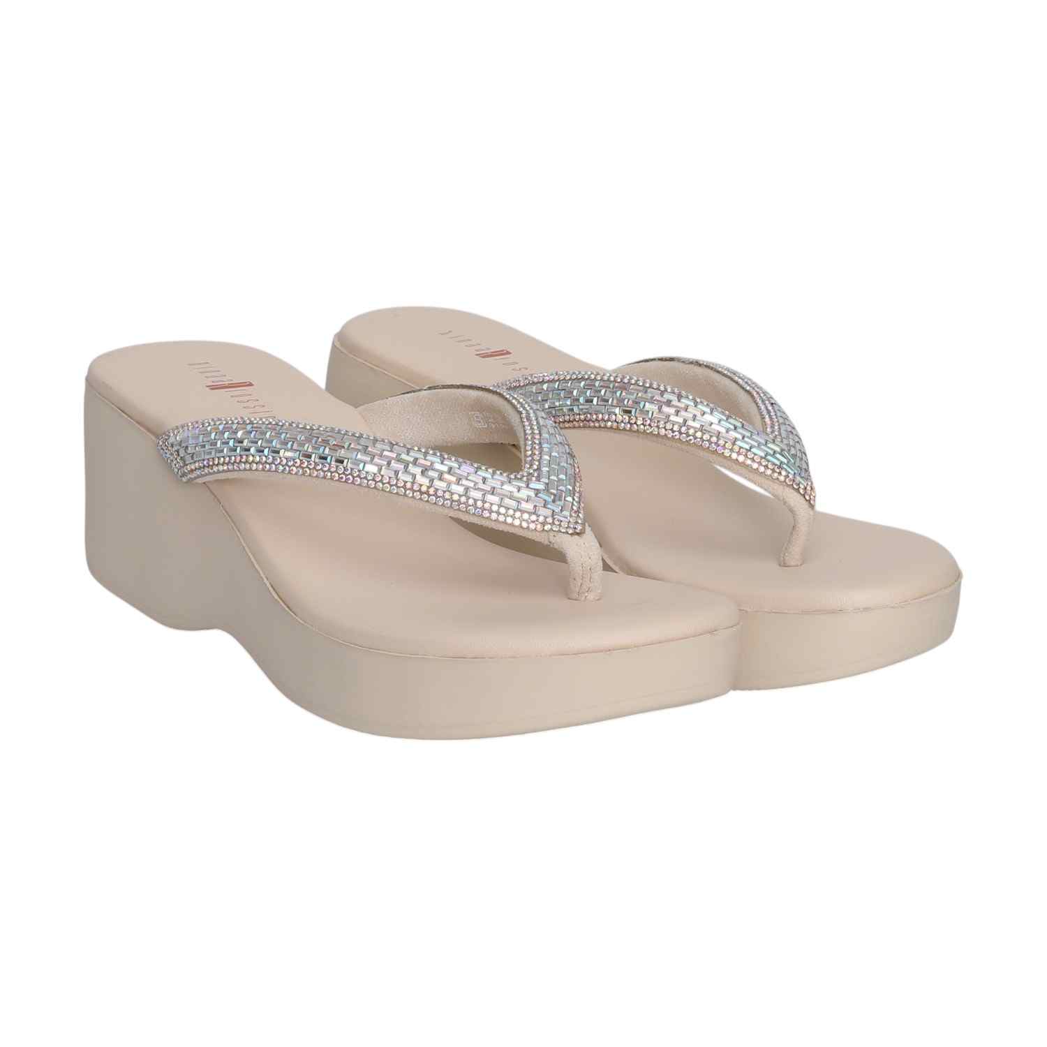 Cream Dazzling Platform Thong Wedges for Women