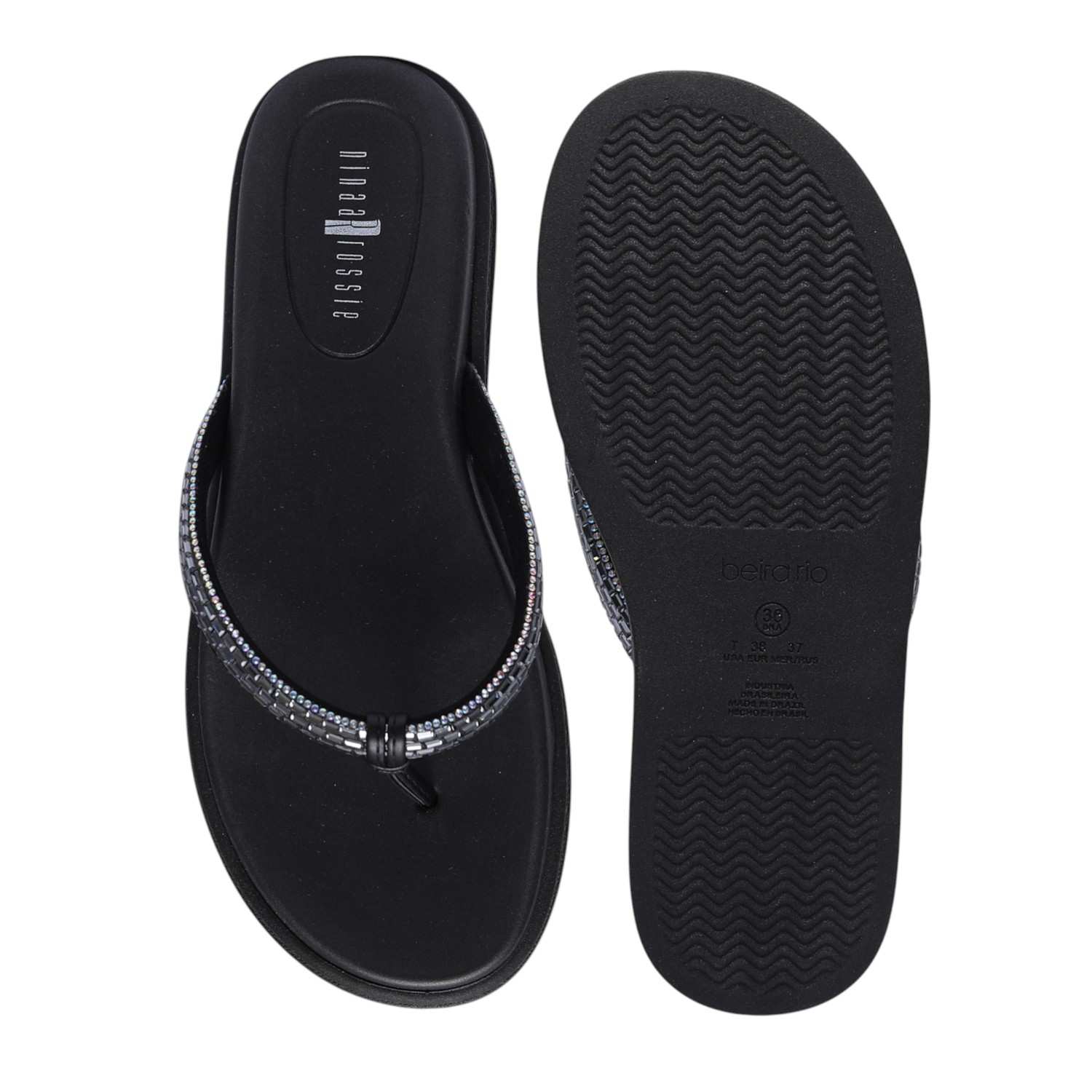 Women’s Black Thong Flats with Embellished Stones
