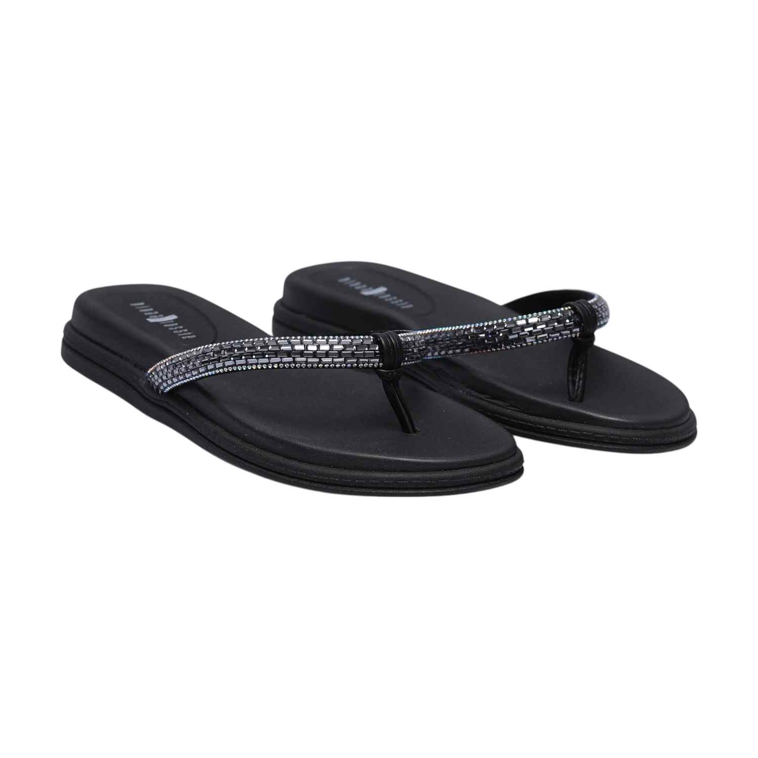 Women’s Black Thong Flats with Embellished Stones