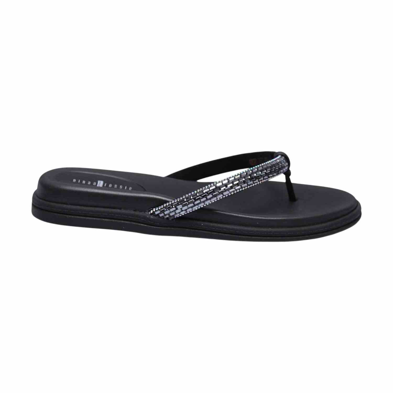 Women’s Black Thong Flats with Embellished Stones