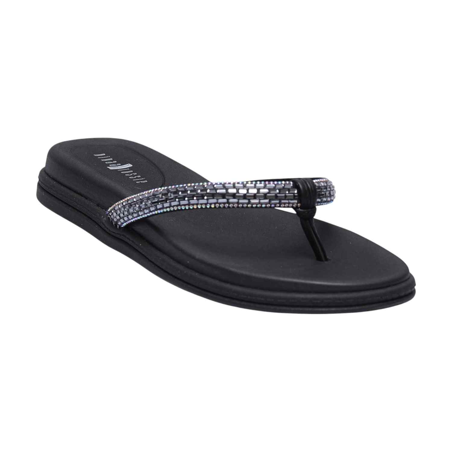 Women’s Black Thong Flats with Embellished Stones