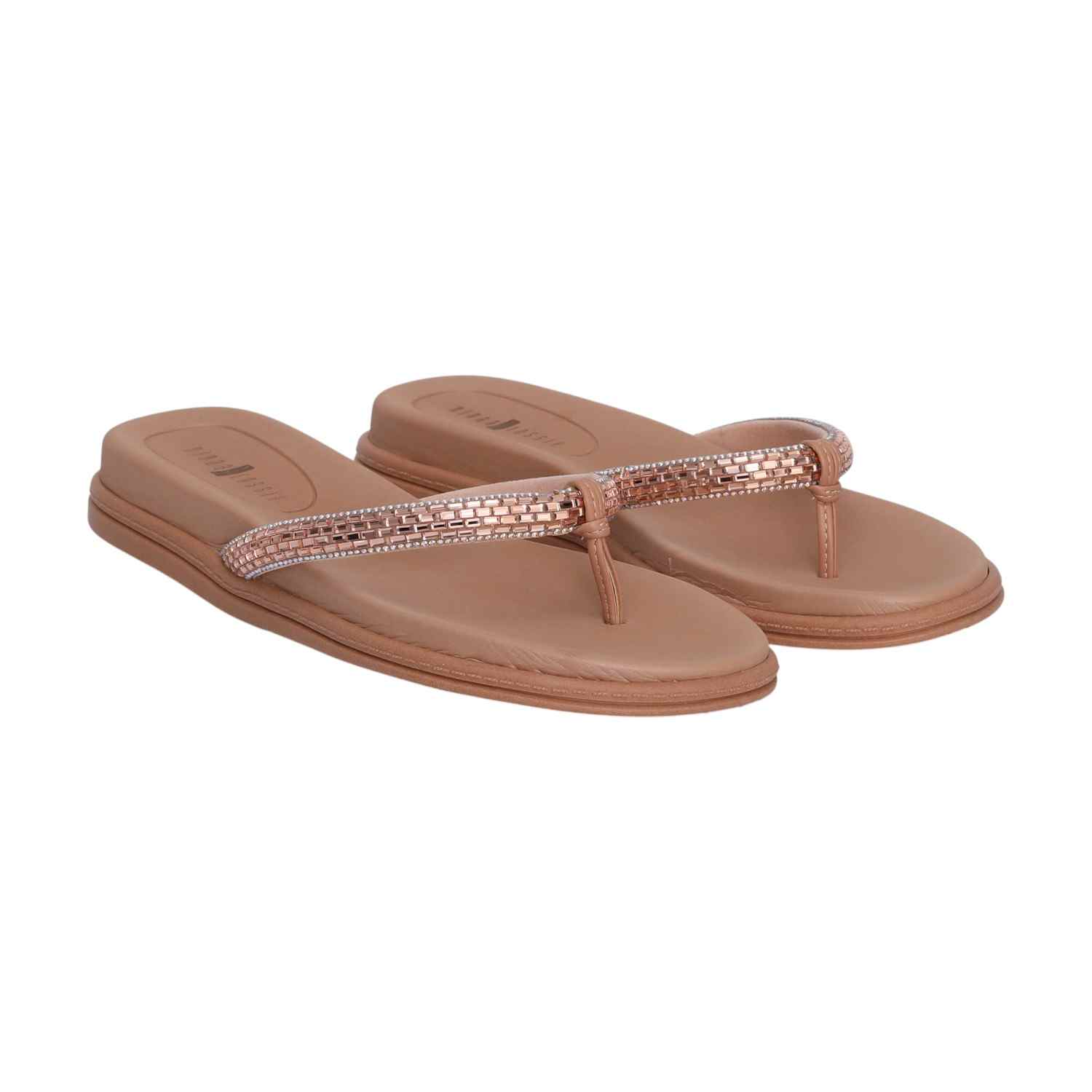 Women Rose Gold Thongs with Embellished Stones