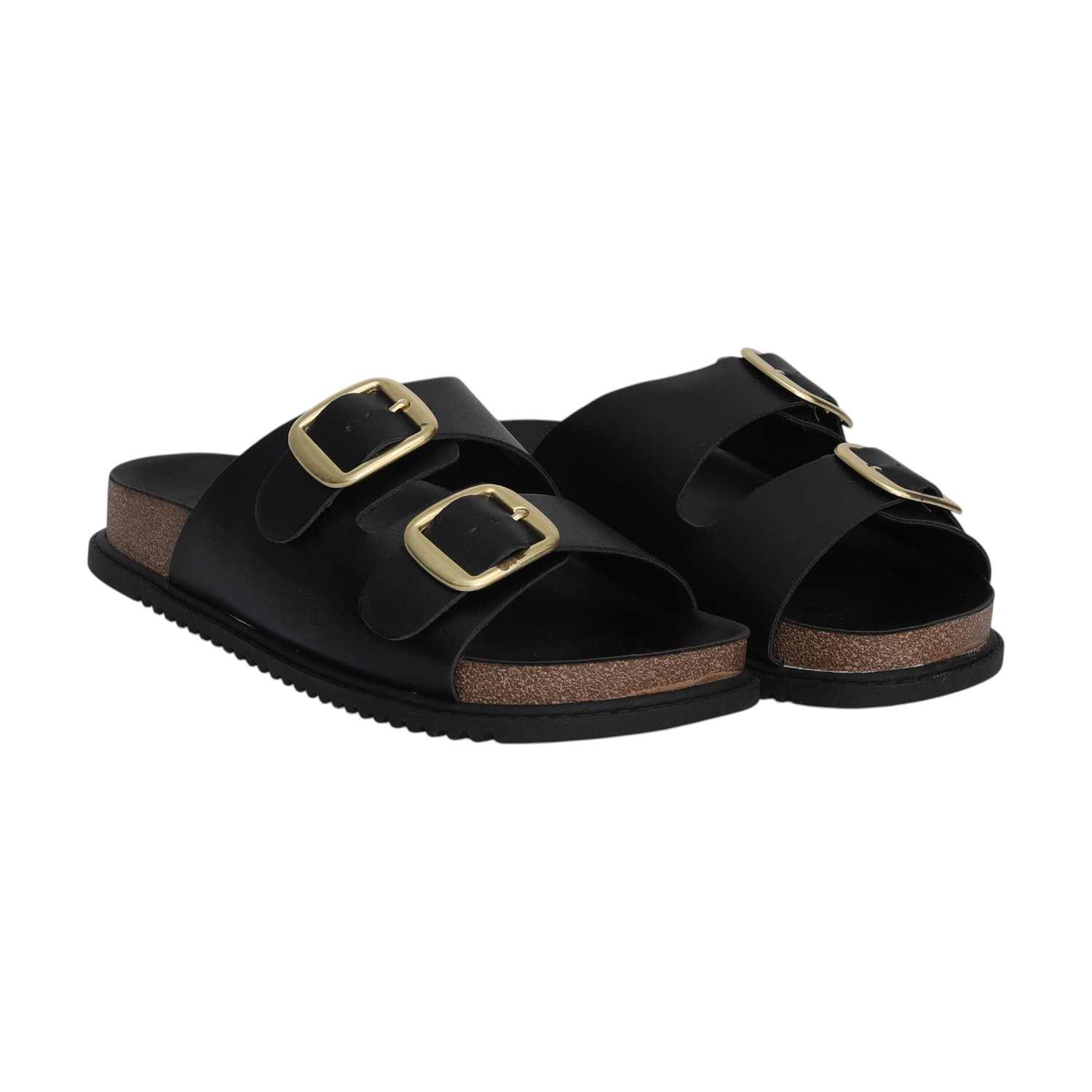 Women Black Dual Straps Slides with Buckle