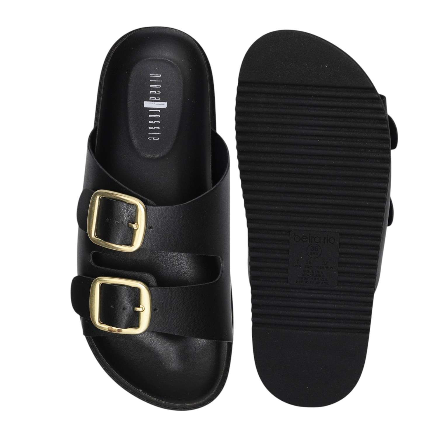 Women Black Dual Straps Slides with Buckle