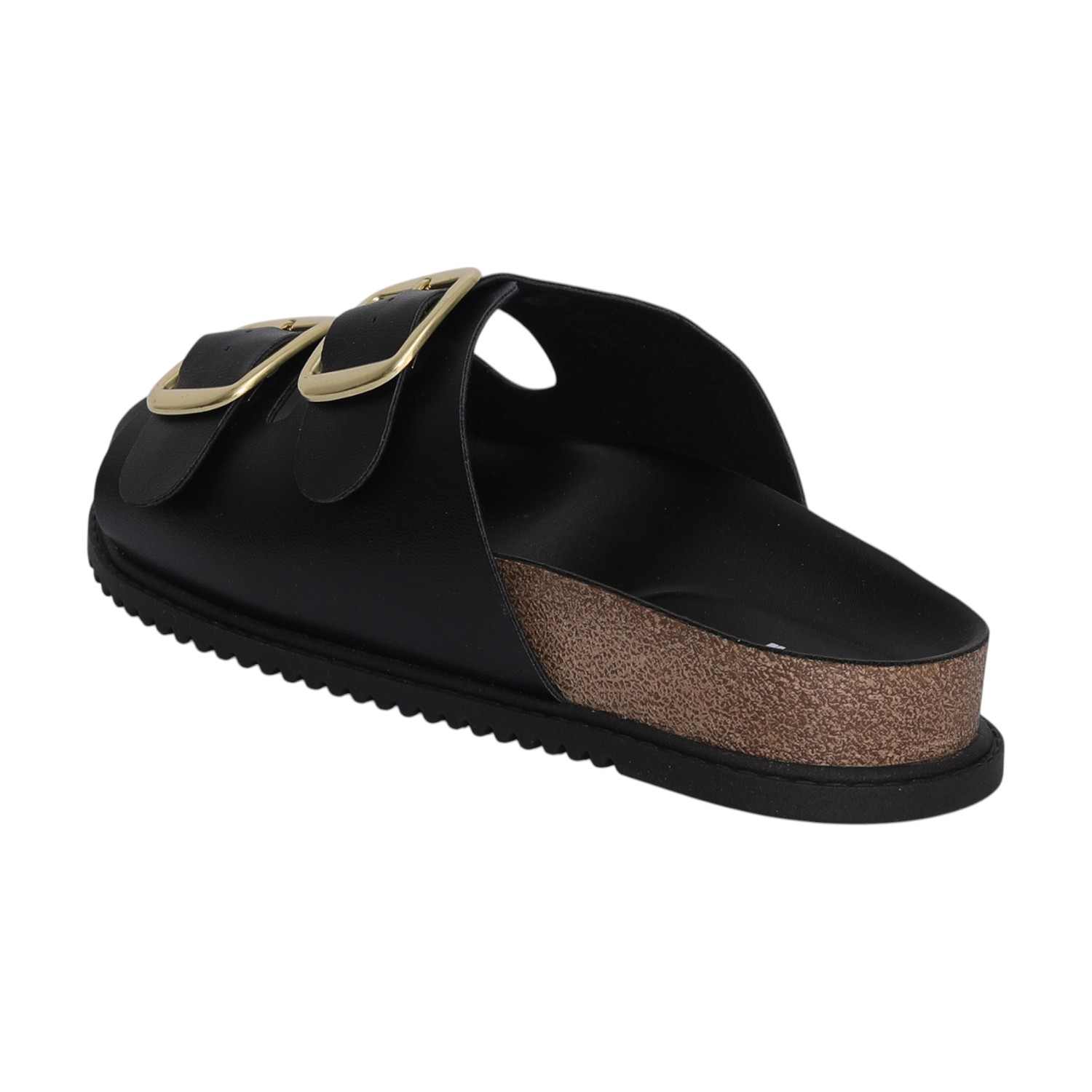 Women Black Dual Straps Slides with Buckle