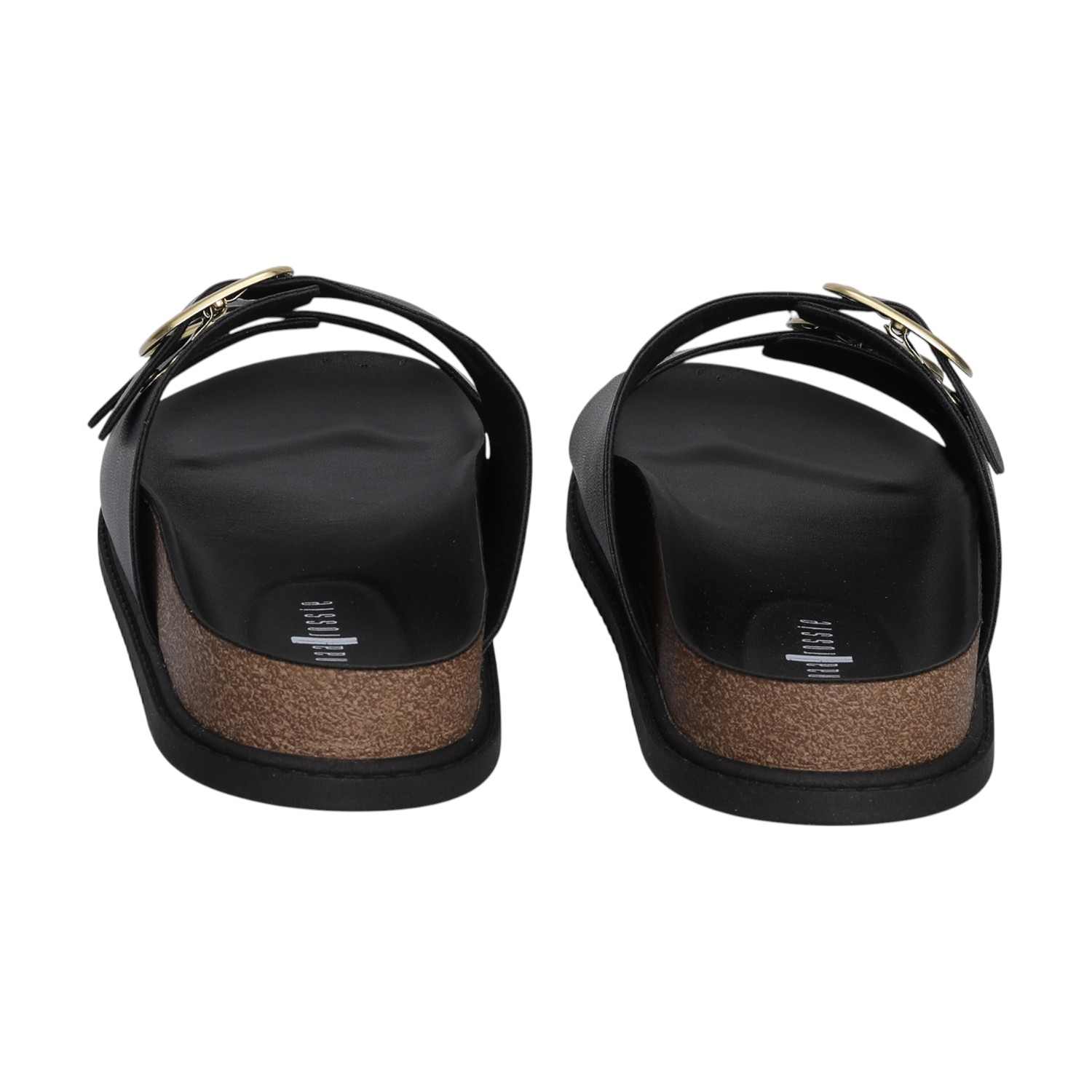 Women Black Dual Straps Slides with Buckle