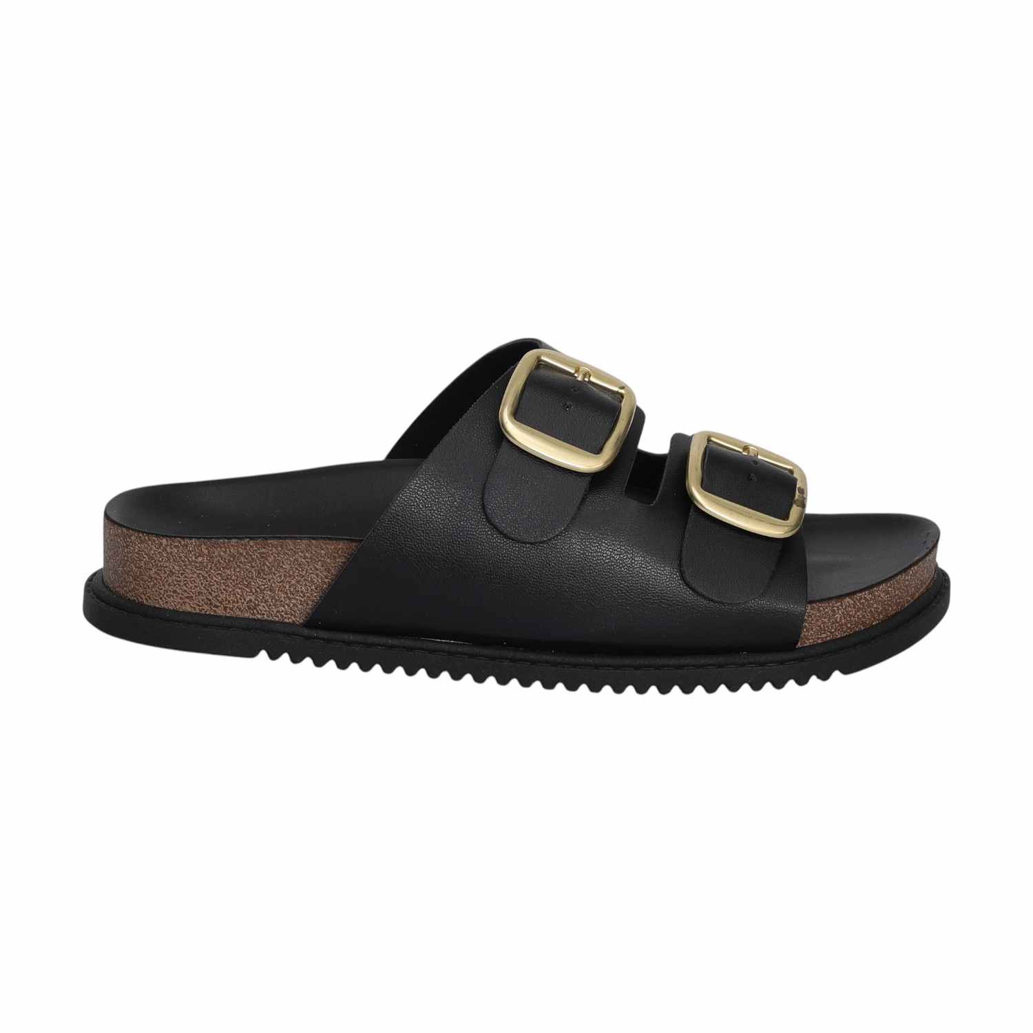 Women Black Dual Straps Slides with Buckle