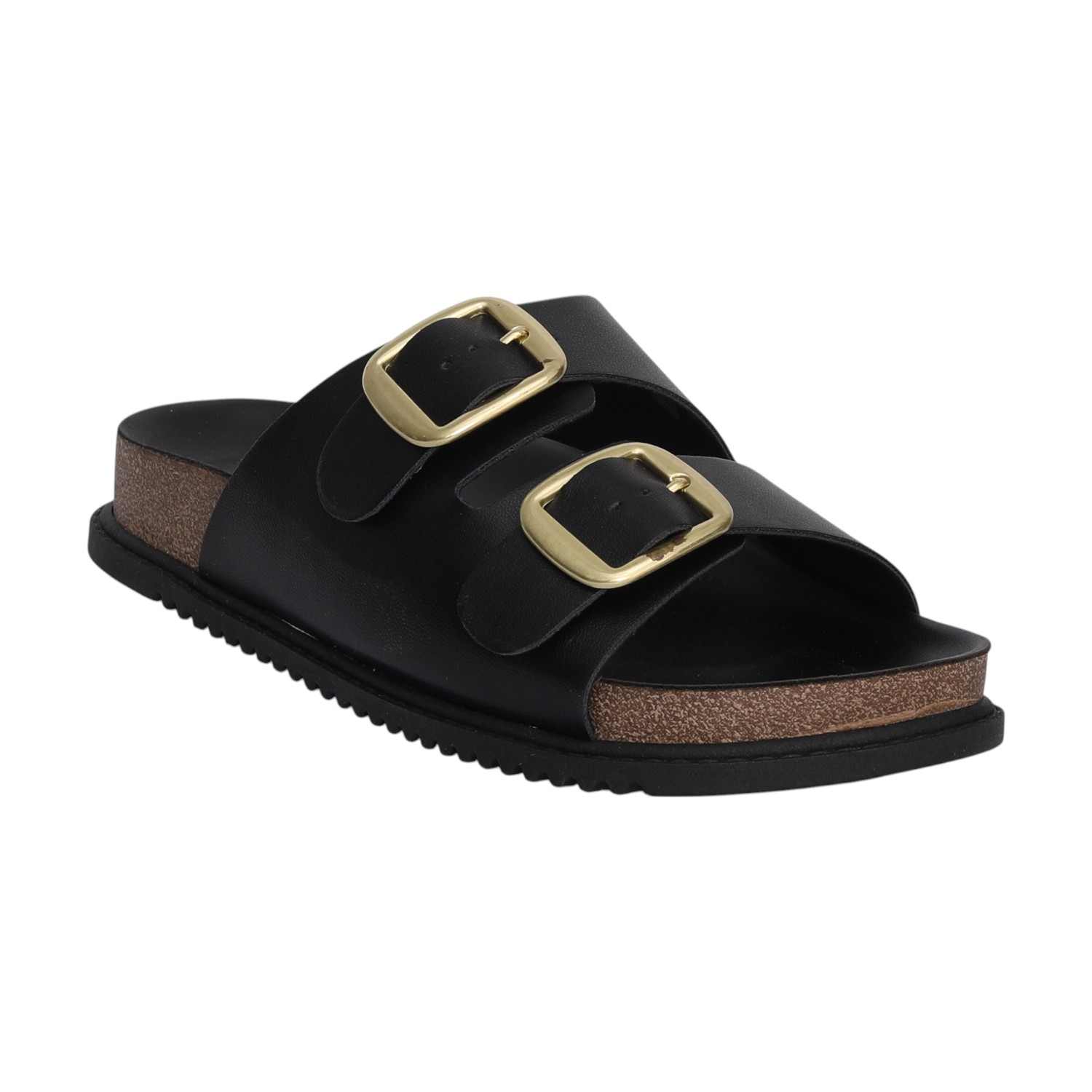 Women Black Dual Straps Slides with Buckle